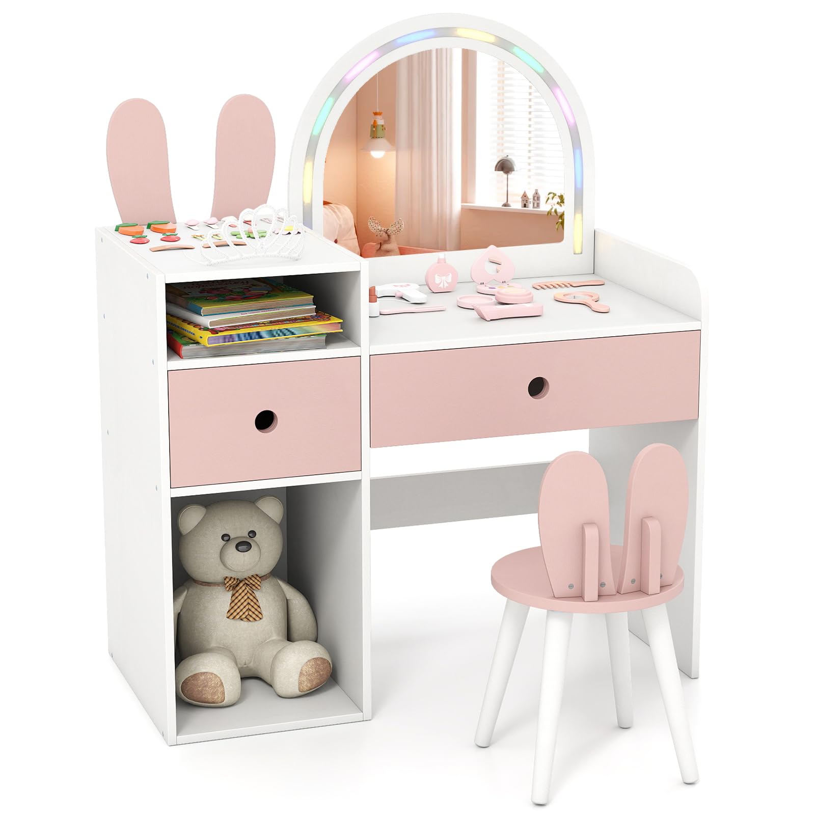 COSTWAY Toeletta Trucco per Bambina 3+ Anni con Sgabello, Tavolo Trucco in Legno Sicuro con Specchio Illuminato, Scaffali Aperti e Cassetti, Set Mobile da Principessa per Cameretta Bambina (Bianco)