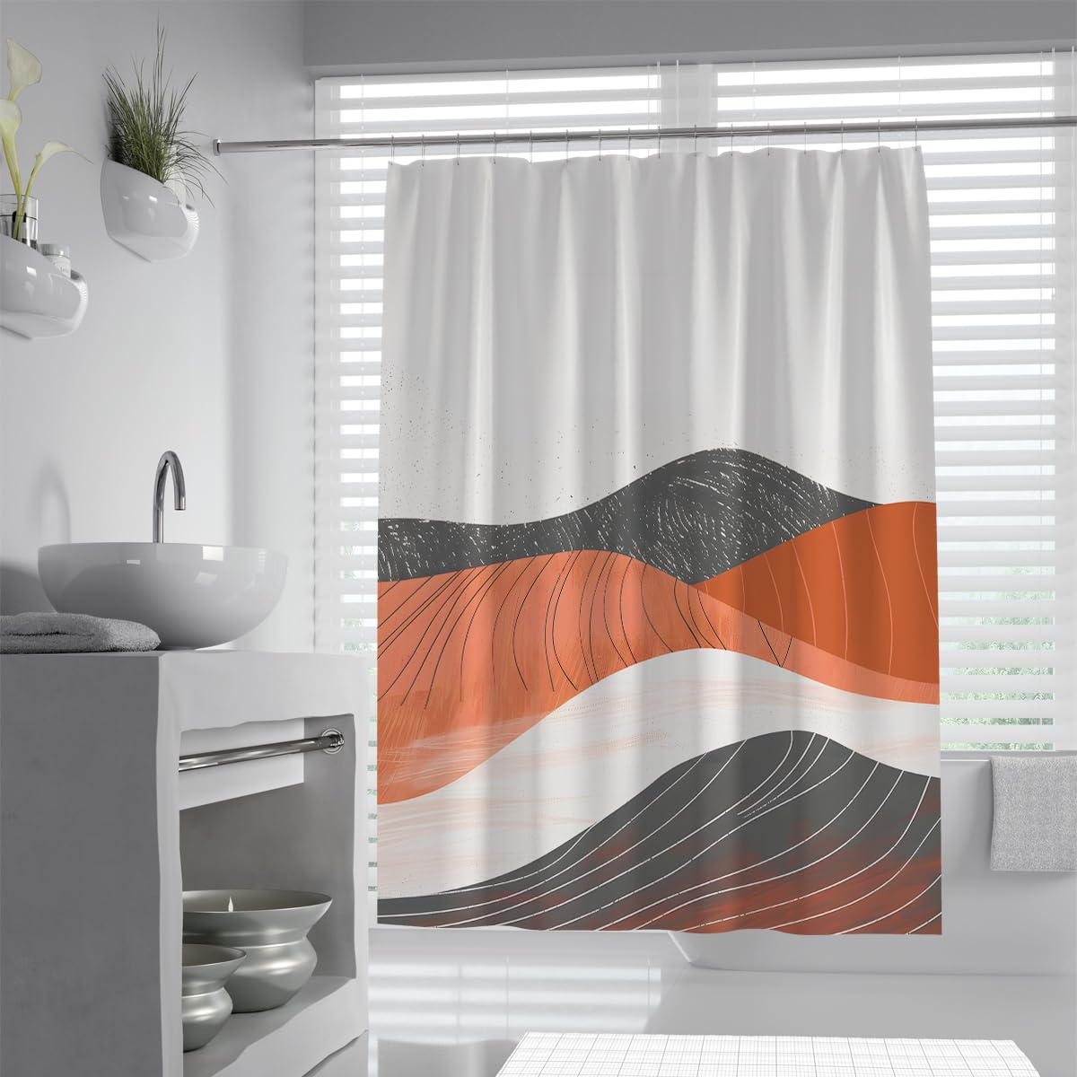 UIRINGART Scandi Shower Curtain W200xL220cm Terracotta Mountain Black Hill Art Mildew Mould Resistant Quick Drying Polyester Fabric Lightweight Bathroom Wet Room Tub