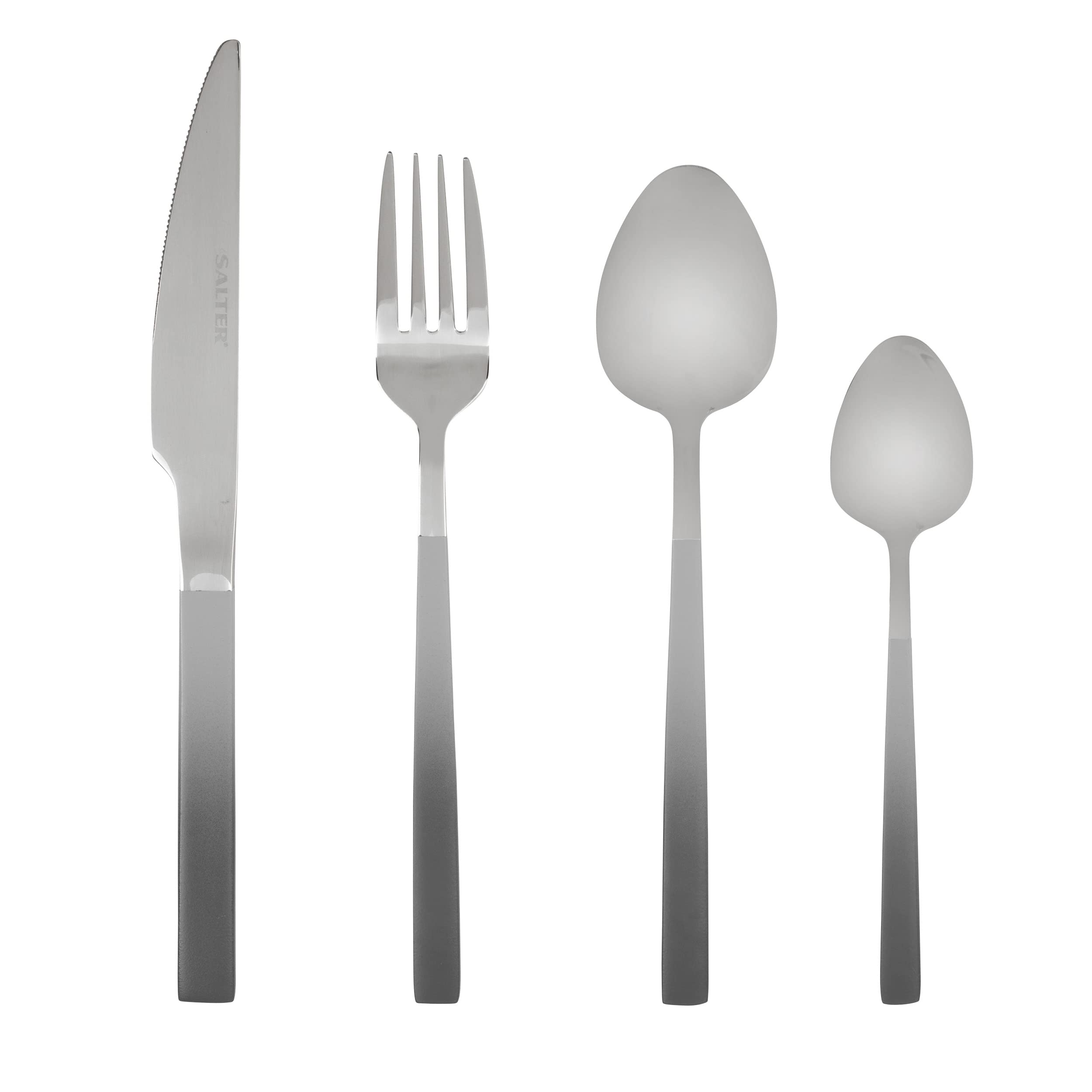 SalterBW01014LGTK 16 Piece Cutlery Set - Full Ombre Grey & Silver Plated 18/0 Stainless Steel Flatware, Lightweight, Mirror Polished Tableware Service for 4, Forks, Knives, Teaspoons & Dessertspoons