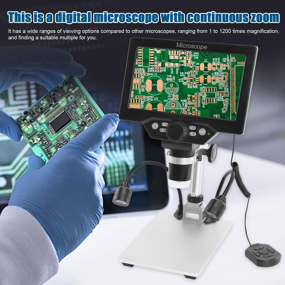 Microscopio digital B1200 de 7 pulgadas, pantalla LCD a color grande de 12 MP 1-1200X, lupa de amplificación continua con soporte de metal y dos luces auxiliares