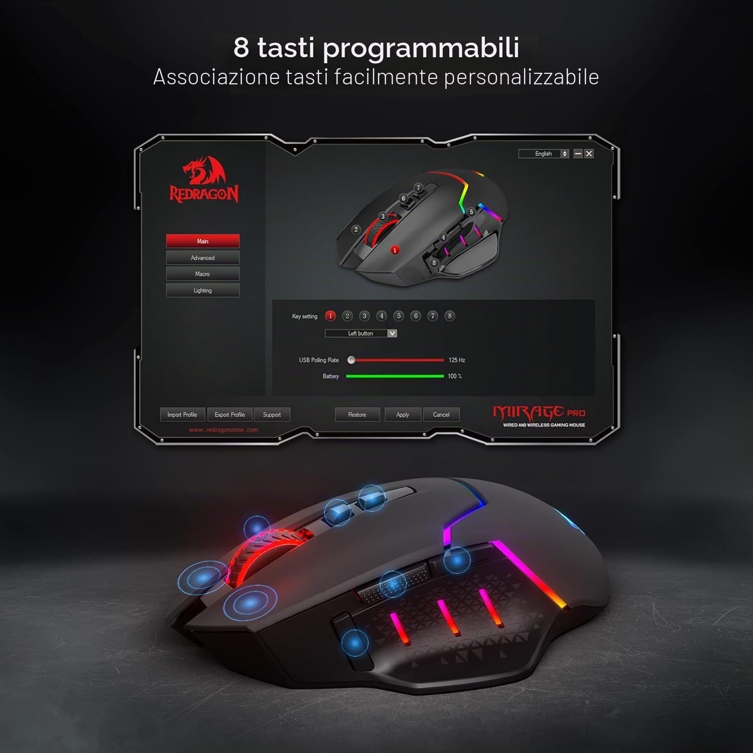 Redragon M690 PRO Mouse Gioco Wireless 8000 DPI Fuoco Rapido | mouse gioco wireless 8000 DPI tasto fuoco rapido 8 pulsanti macro design ergonomico PC Mac laptop nero