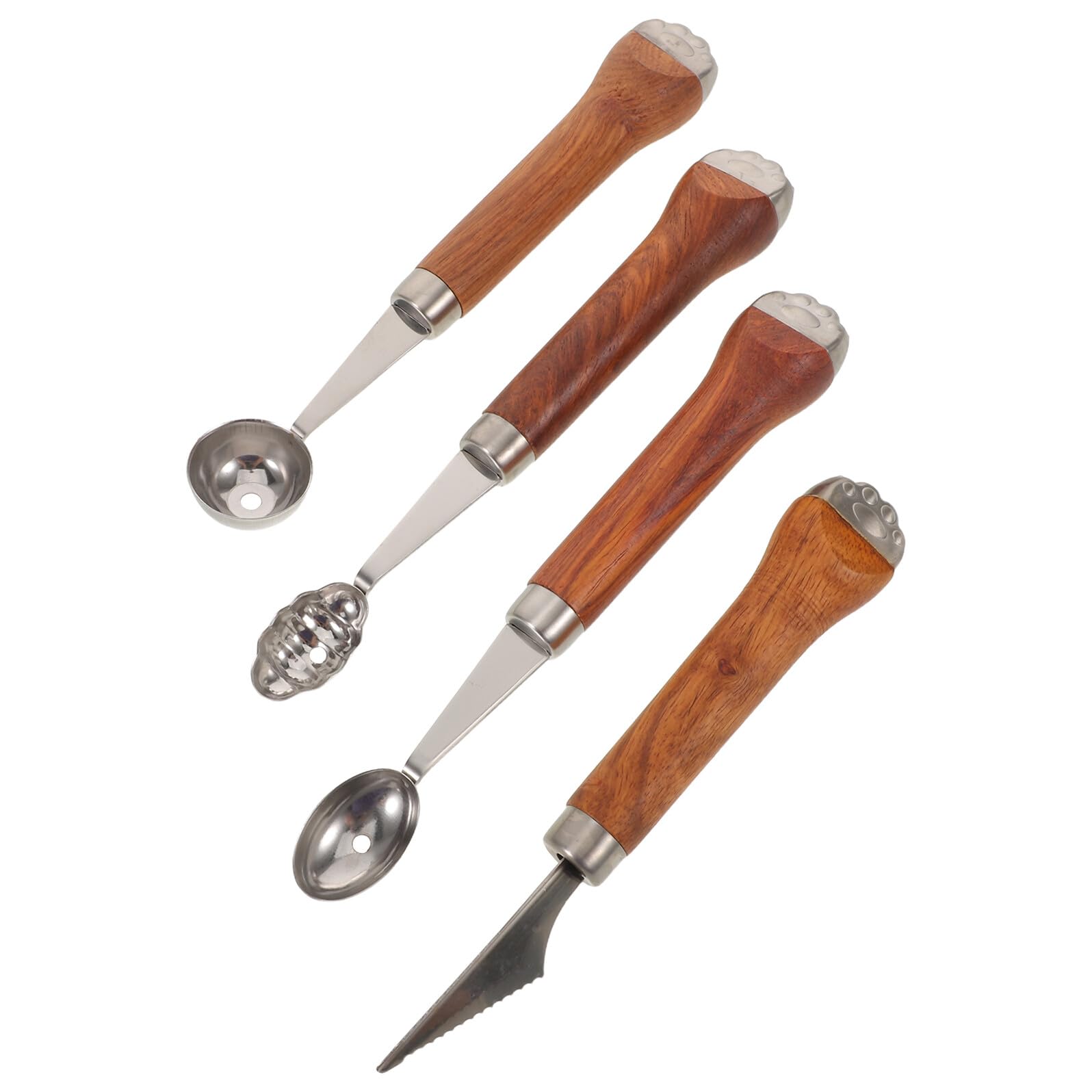 4 Stück Teiliges Melonenkugel-set mit Edelstahl Scoops und Gezacktem Fruchtschneider Ergonomischer Holzgriff Multifunktional für Melonen Obst Eiscreme und Dekoratives Fruchtcarving
