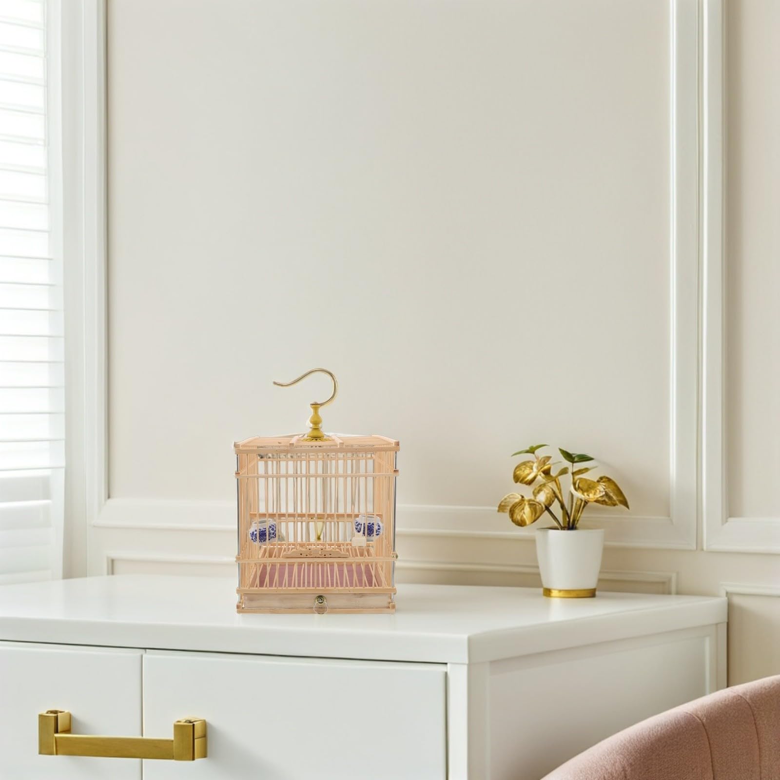 STOBAZA Jaula para Periquitos y Pájaros Pequeños Rectangular con Diseño Vintage Elegante, Cierre Fácil de Usar, Hábitat Natural en Bambú y Metal, Adecuado para Interiores y Balcones