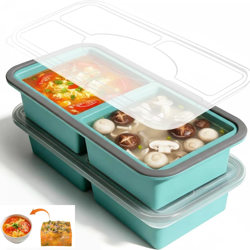 Produktbild von 2er-Set Silikon-Gefrierform Mit Deckel – 4 Fächer, 125/250 Ml, BPA-frei, Für Suppen, Saucen & Meal Prep, Spülmaschinenfest