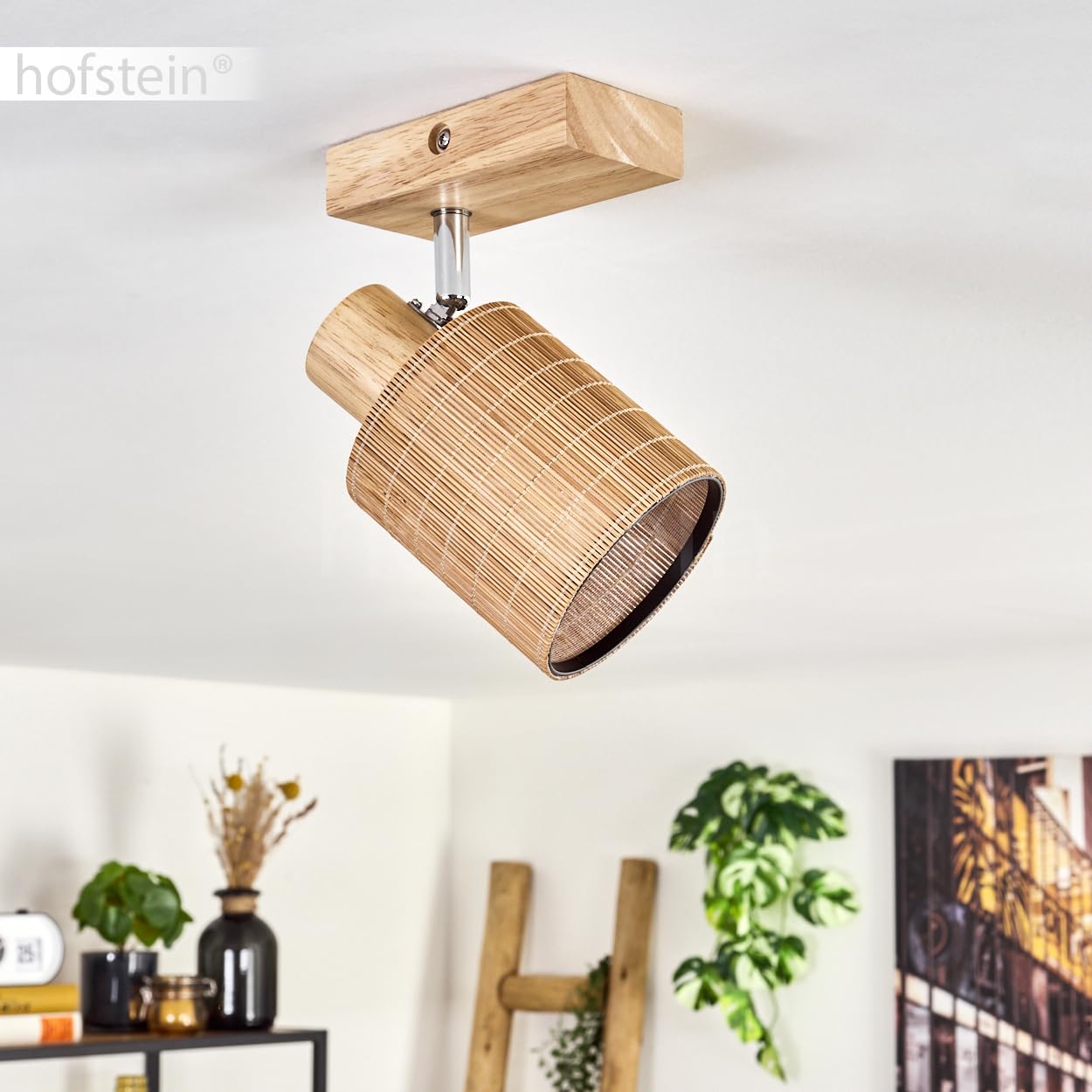 Lampada da soffitto Kinnared, lampada moderna in legno/metallo/bambù nei colori naturali/cromati/marrone, a 1 luce dal design scandinavo con riflettore regolabile, x E14, senza lampadina