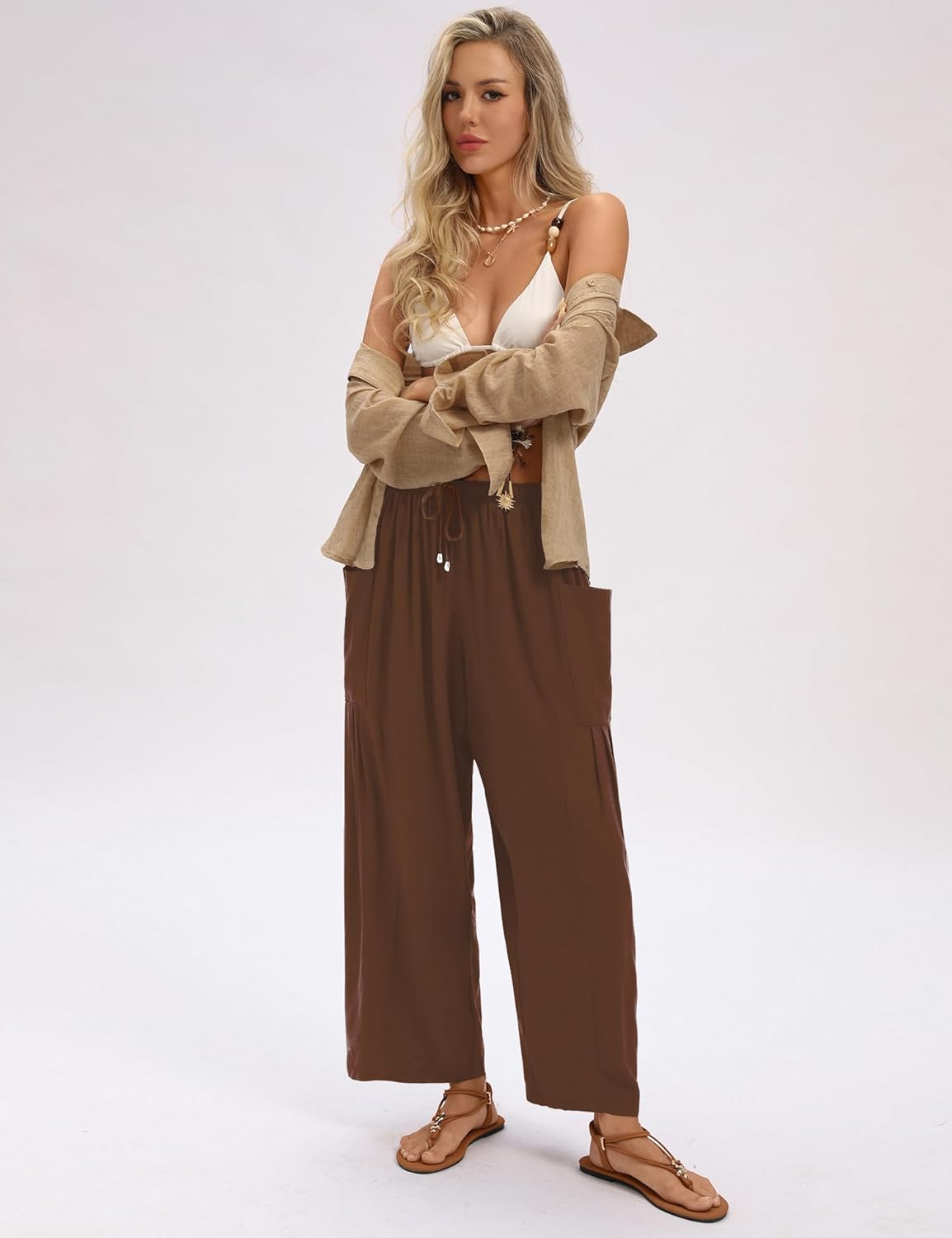 LOMON Womens Linen Wide Leg Pants Casual Loose Drawstring Summer Loose Beach Travel Vacation Palazzo Harem Pants - Image 4