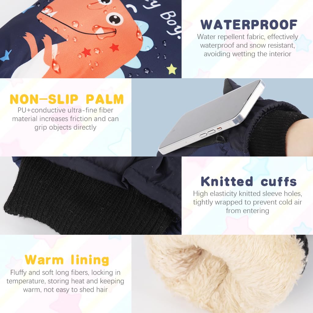 PATPAT® Cartoon Dino Printed Kids Hand Gloves for Winter for Boys Aged 7-14, Touch Screen Finger Anti-Slip Design, Ski Gloves, Bike Gloves Windproof Waterproof Warm Riding Winter Gloves 3