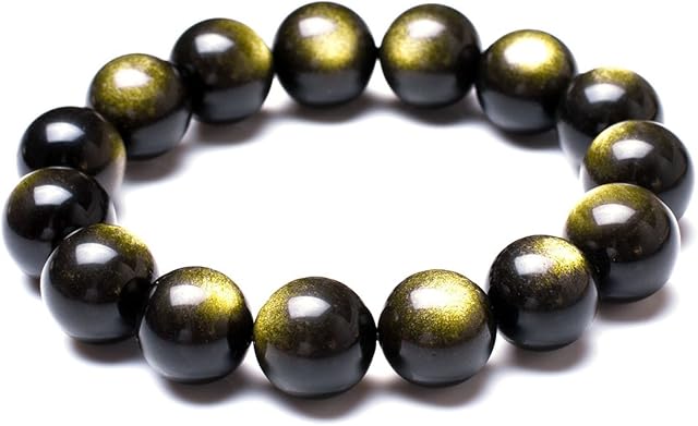 Mecool Golden Sheen Obsidian Stretch Bracelet Round Gold Stretch Obsidian Bracelets 12mm Beads