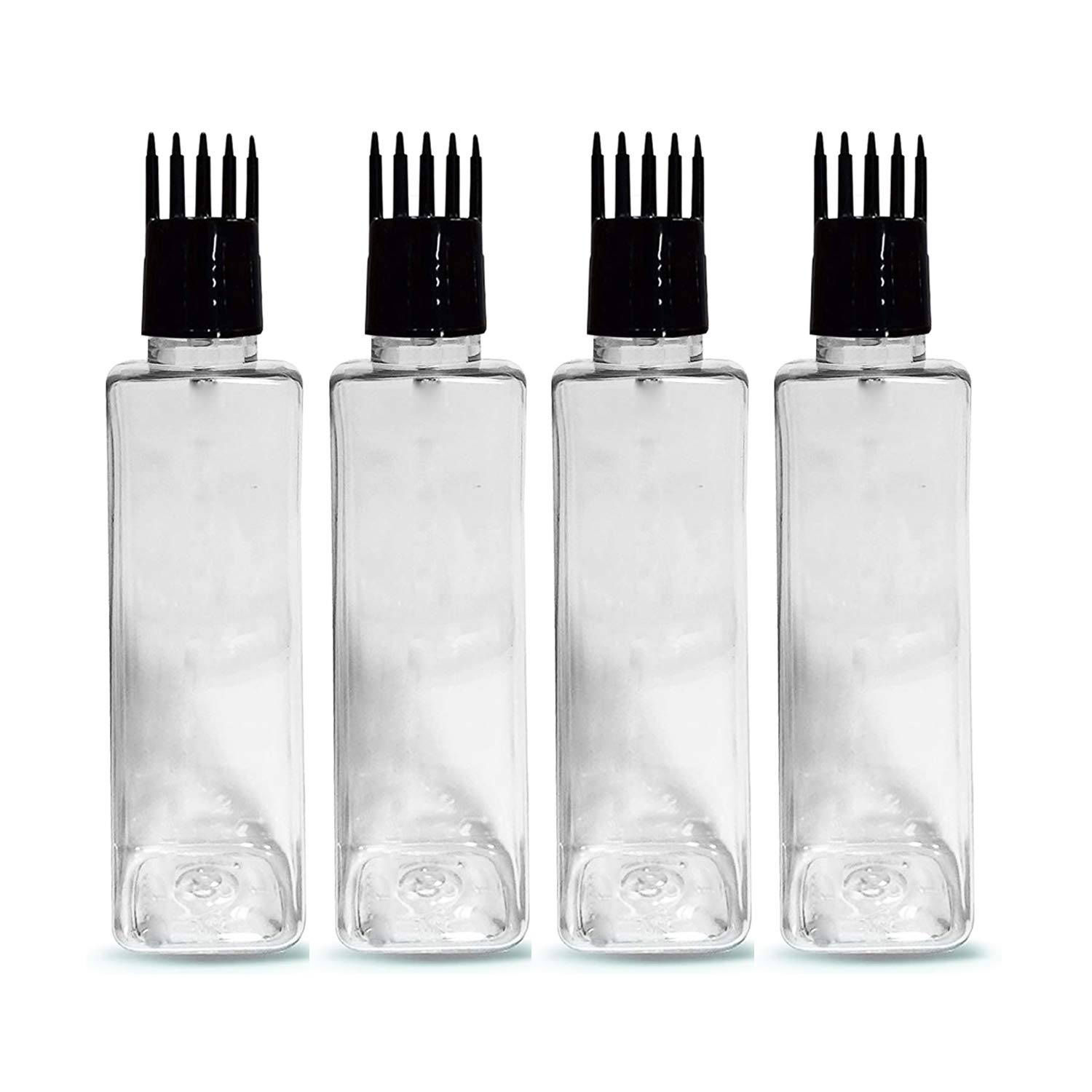 Hair Root Applicator (Black) with Transparent Square Bottle, Flip top Cap, Plug for applying Hair Oil,Shampoos, DIY care and Medicine 100 ml (Pack of 4- Transparent)
