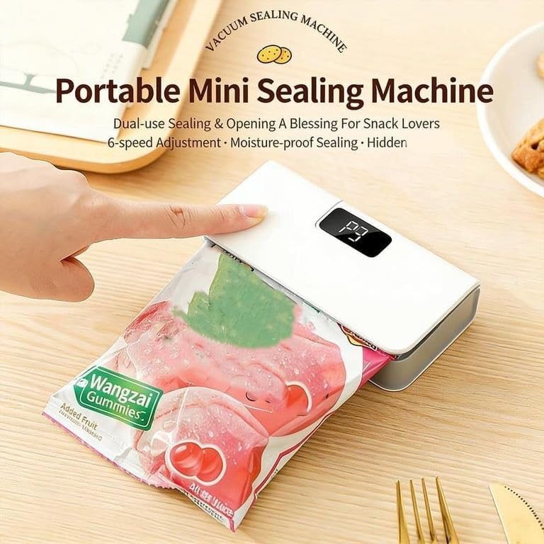 Image of Rechargeable Mini Bag Sealer 2 in 1 Heat Sealer & Cutter with LED Display | Portable Magnetic Food Bag Resealer with 6 Temperature Levels for Chips, Snacks & Dry Food Storage (S2)