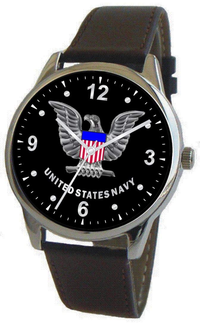 Military TimeNavy Emblem Classic Watch with Large Polished Chrome Case and Black Leather Strap
