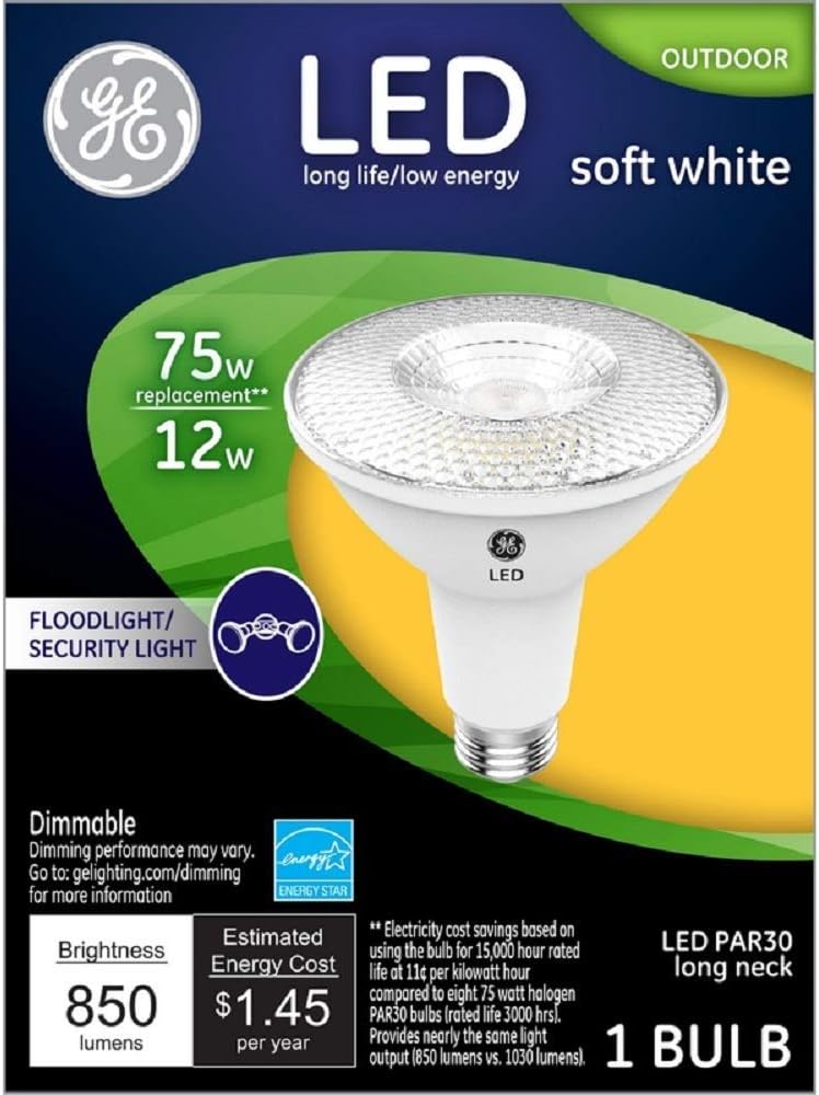 GELighting 38446 LED Flood/Security Bulb, Par30, Soft White, Long Neck, 1000 Lumens, 12-Watt - Quantity 1