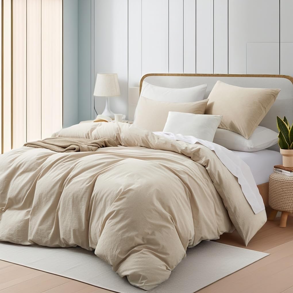 Boqingzhu Baumwolle Bettwäsche 200x200cm Beige Creme Taupe Einfarbig Uni Ästhetik Doppelbett Weich Renforce Baumwollbettwäsche Bettbezug 200x200cm und 2 Kissenbezüge 80x80cm mit Reißverschluss