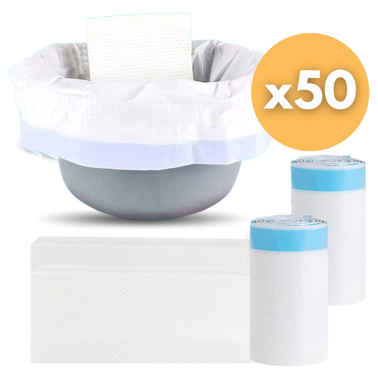 PACK x50 Toiletteneinlagen - DESCHBARE TOILETTENBEUTEL - Hygienische WC-Beutel - Einweg Orinal-Beutel mit SAUGFÄHIGEN Polstern, 50 STÜCK. Ideal für Toiletteneinlagen für Toilettenstuhl