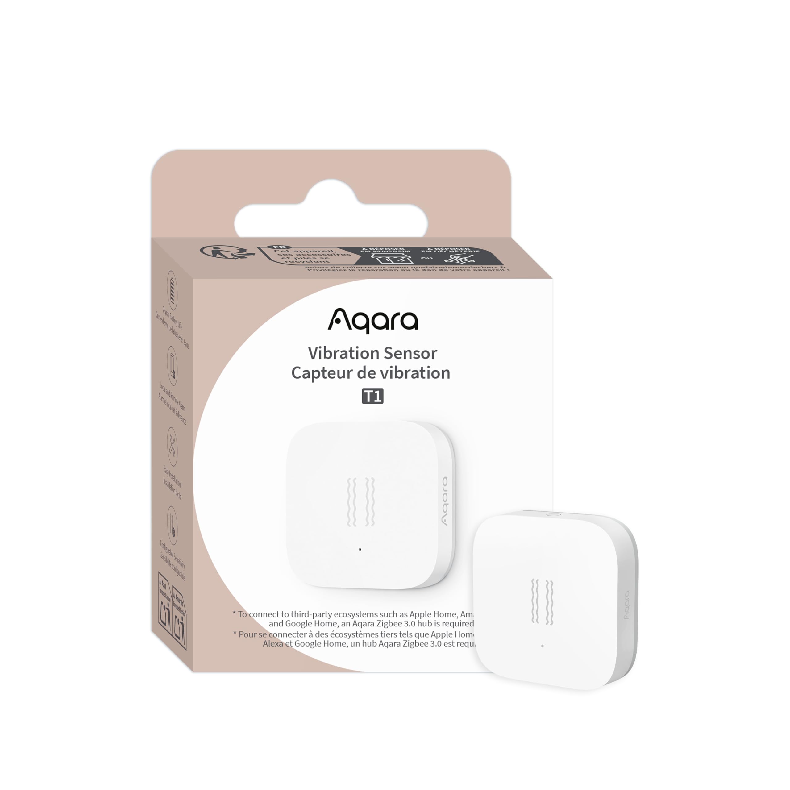 Aqara Capteur de vibration T1, automatisation à triple pulsation, trois réglages de sensibilité, Zigbee 3.0, alertes instantanées, blanc