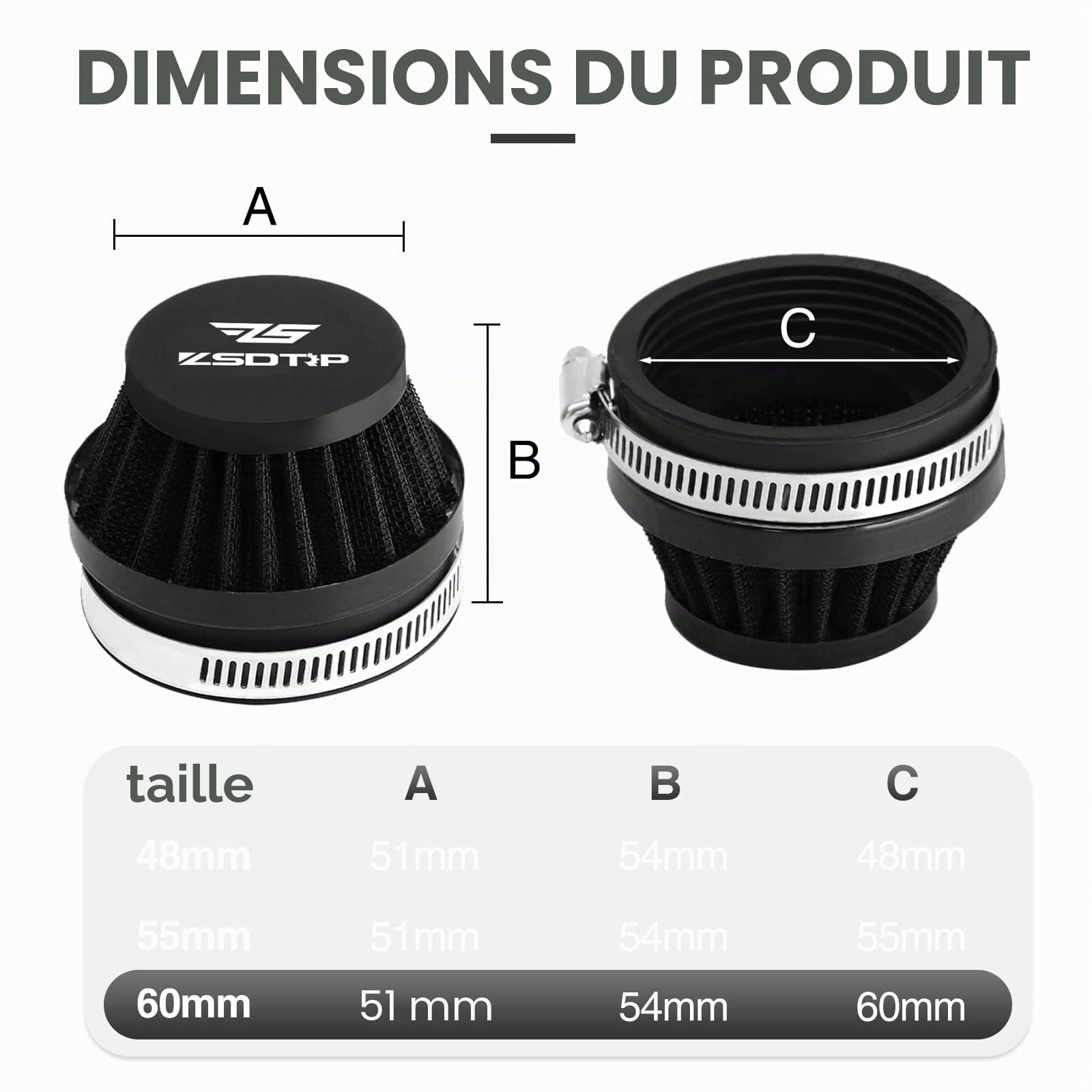 Lot de 2 filtres d'admission d'air universels pour carburateur 60 mm pour moto Dirt Pit ATV SSR TTR Filtre de reniflard de vélo adapté à de nombreux carburateurs différents (noir 60 mm)