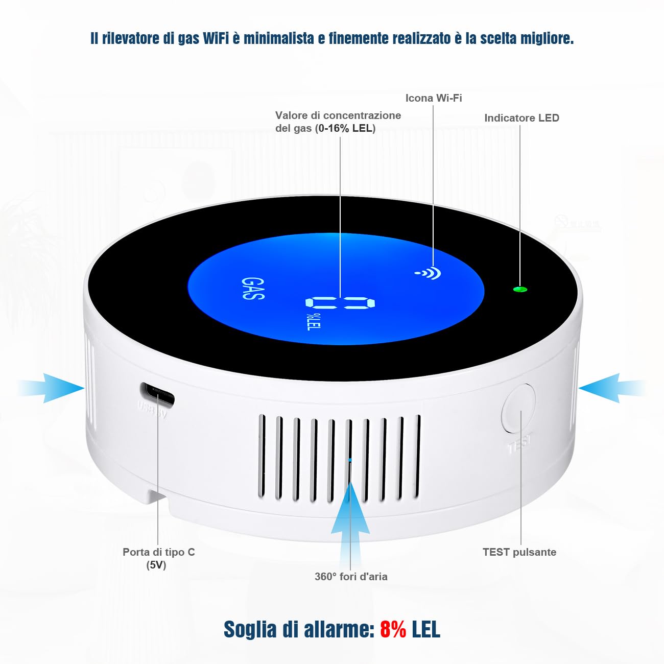 Rilevatore di Gas naturale WiFi, allarme portatile per perdite di gas compatibile con Smart APP, Tuya, monitor di gas metano con allarme vocale da 85 dB e allarme visivo di concentrazione di gas