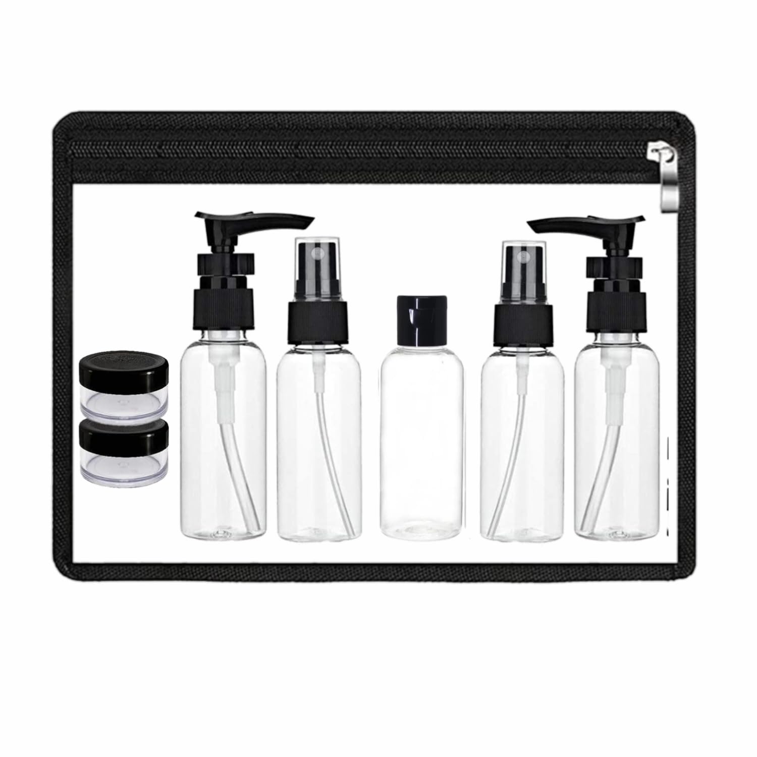 7-Pcs Travel Bottles Kit Leak Proof Portable Toiletry Containers Set Waterproof Bottles Set for 2-Bottles for Pump Liquid 2- Bottle for Spray 1-Flip Top Caps 2-Jars for Cream-image-25