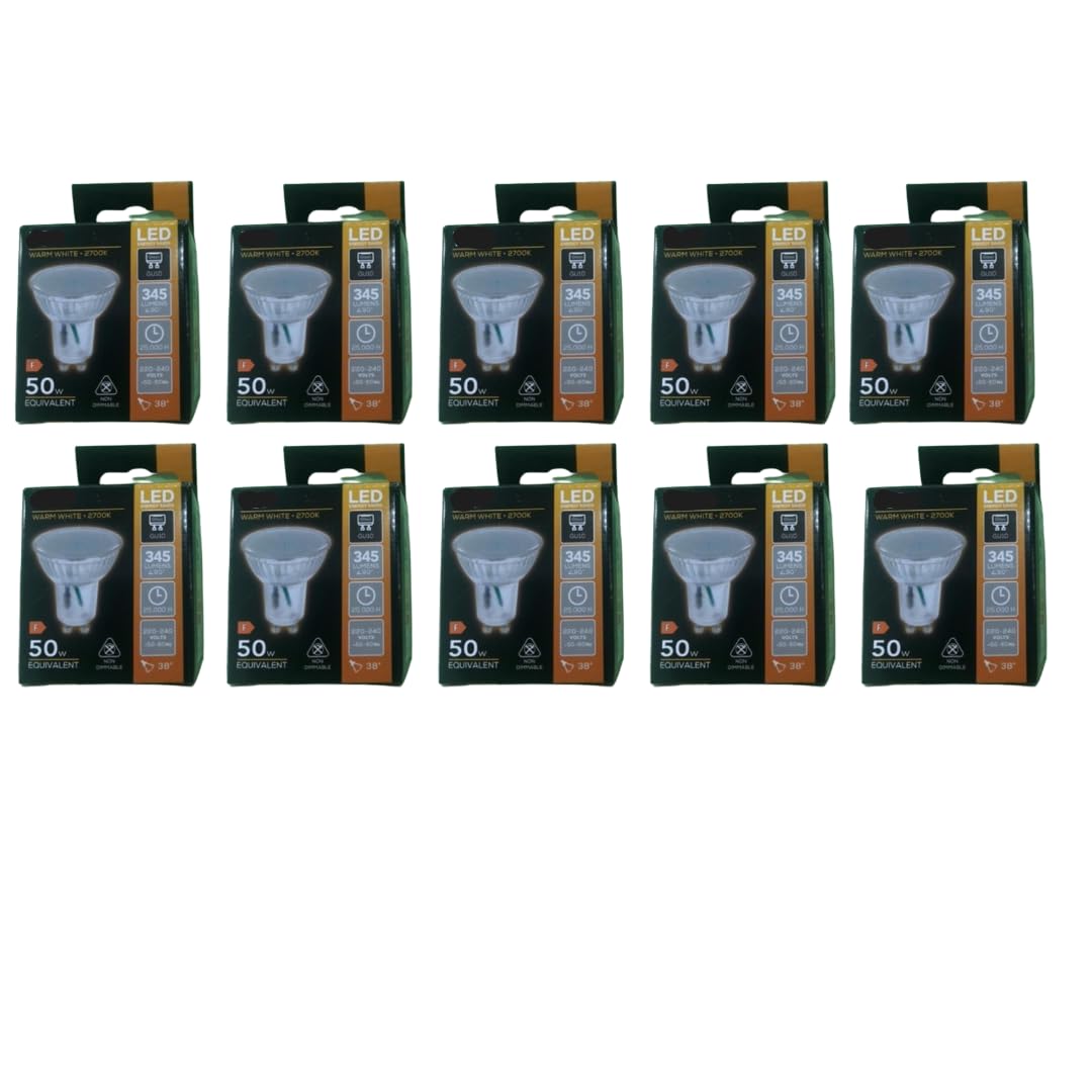 Pack of Ten LED GU10 Warm White Light Bulbs 4.5W 2700K 345 Lumens for All Around Home Or Commercial Use | Energy Saving Spotlight Lamps Ideal for Downlights Track Lighting and Halogen Retrofit Use