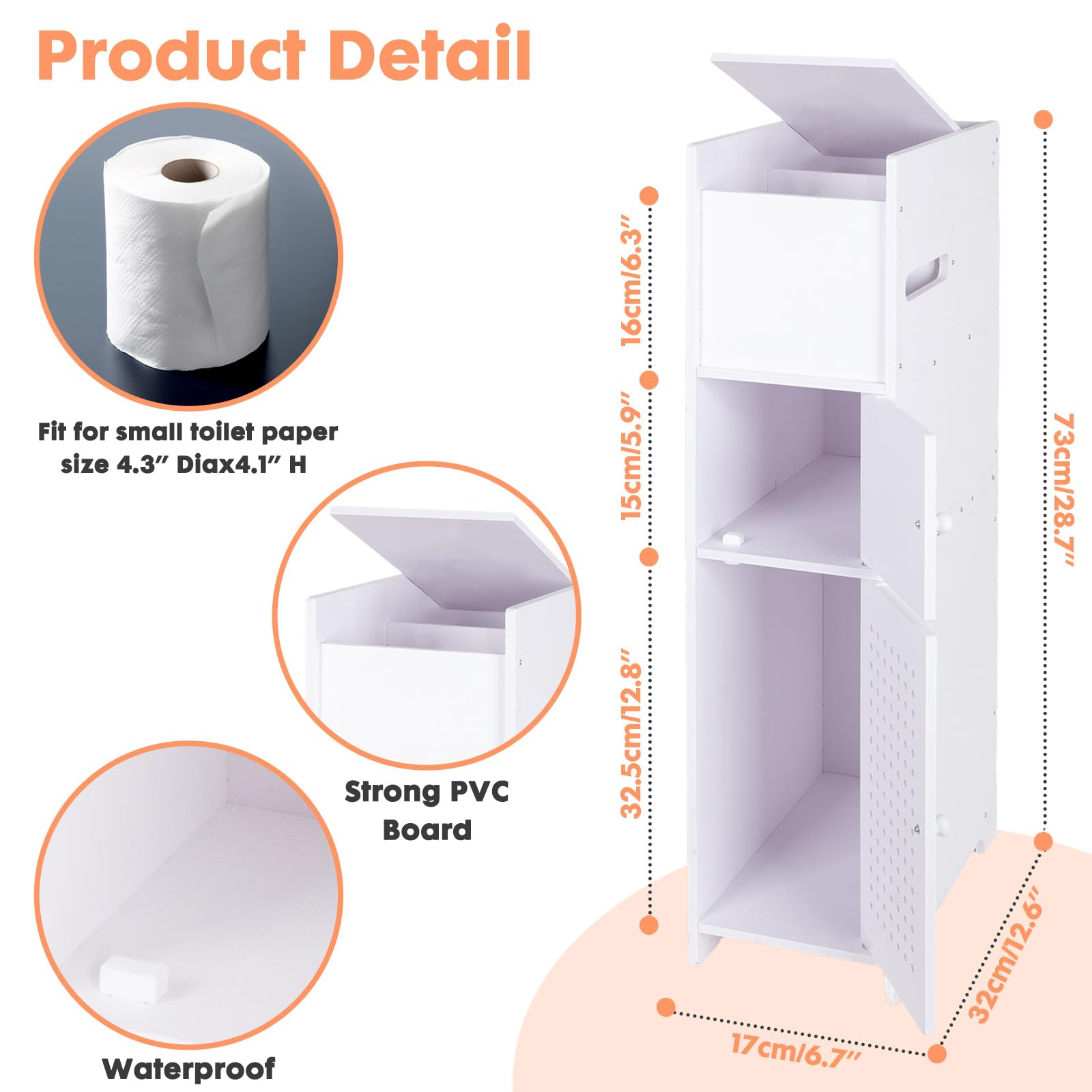 powerking Soporte para papel higiénico, pequeño armario de almacenamiento de baño blanco con puertas, armario de almacenamiento de baño delgado para espacios pequeños de esquina en el suelo