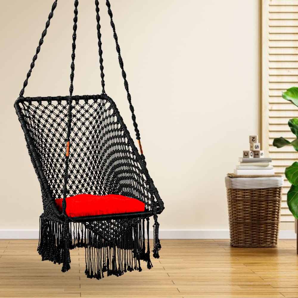SWINGZY Premium Small Rectangle-Shape Single Seater Wooden Swing Chair with 1 Red Cushion & Hanging Kit for Home, Indoor, Outdoor, Patio, Balcony, Garden | Hanging Hammock Chair for Adults (Black)-image-22