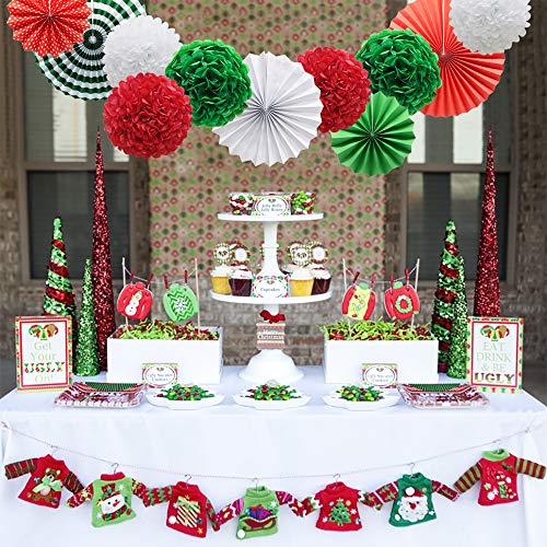Image of Red White and Green Hanging Paper Decor - Round Paper Fans, Pom Poms, Flowers - Perfect for Christmas, Birthdays, Weddings, Graduations, Baby Showers