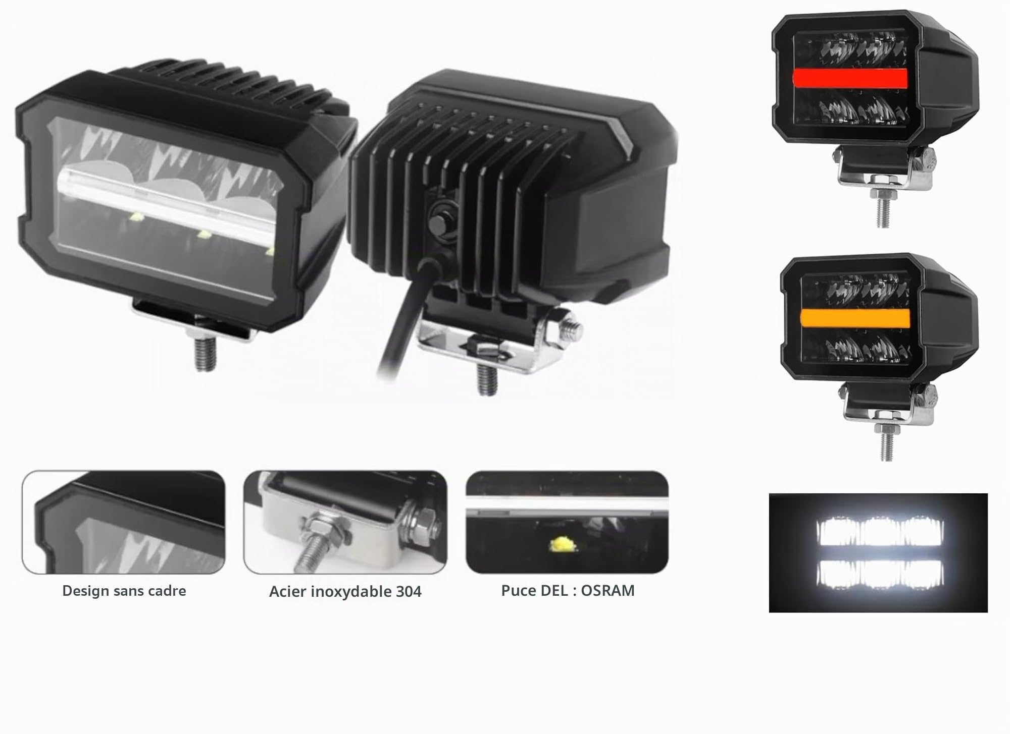 4 Phares de Travail Auxiliare LED 12V 24V 25W 2200lm Projecteur Longue Portée + Feu de Position Rouge Orange Clignotant Feu Recul Homologation ECE E9 R112, R10 Feu de Route Camion Poids Lourds VTT 4x4