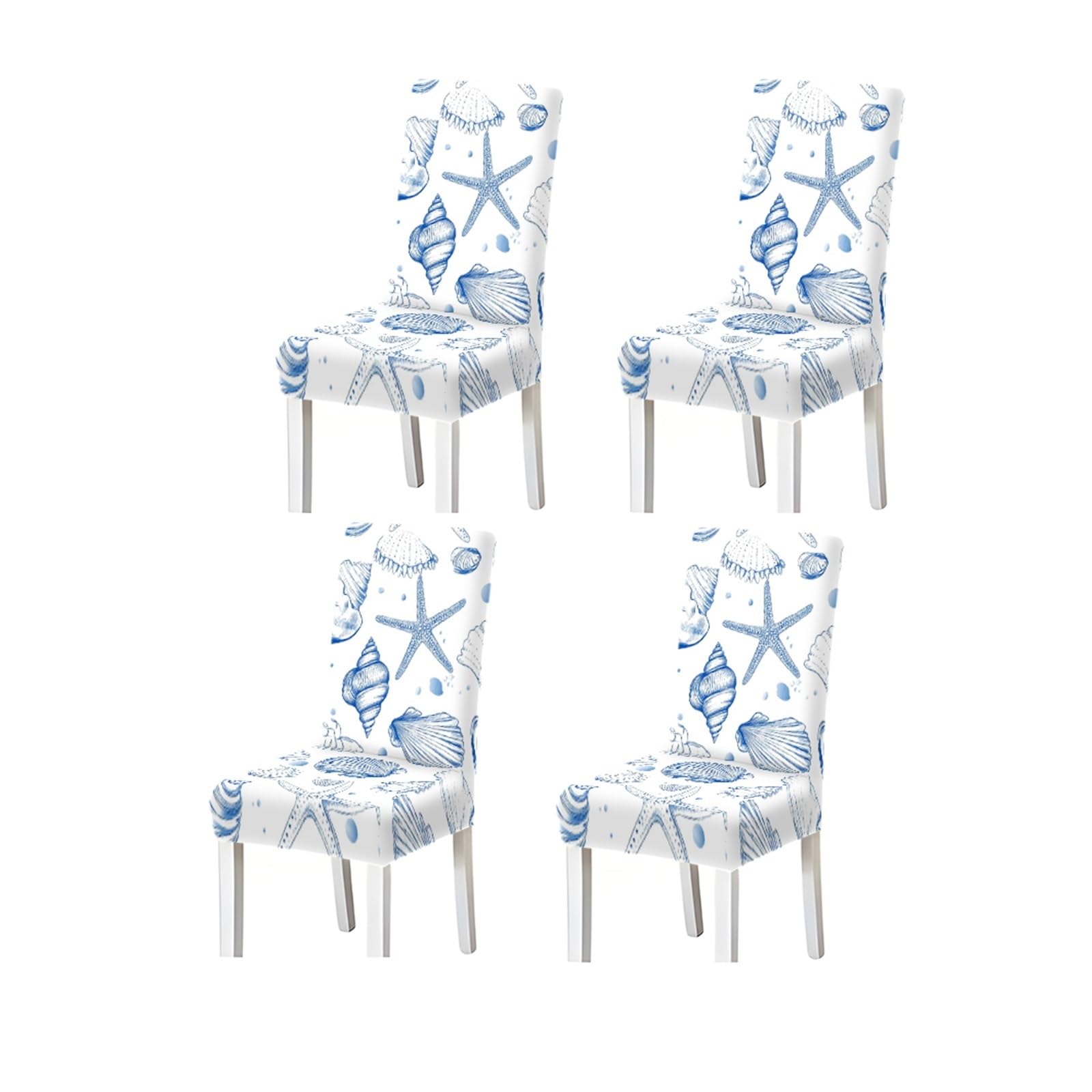 FZJKGH Coastal Seashell Dining Chair Covers Set Of 2/4/6, Stretch Washable High Back Chair Slipcovers, Blue Starfish Beach House Design Removable Stretch Slipcovers for Dining Chairs(4PCSChair cover)