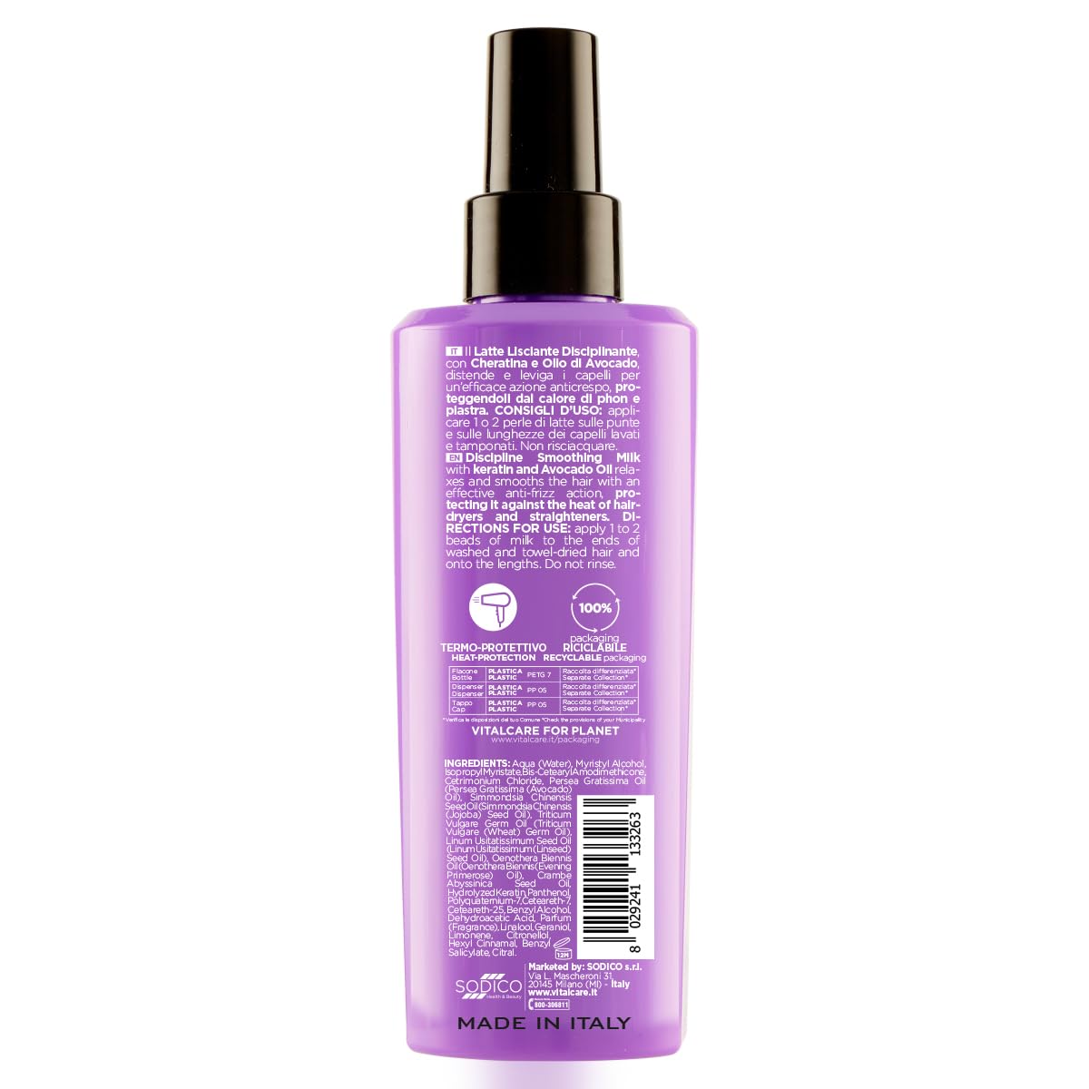 Vitalcare PRO Smooth - mleko wygładzające, ochrona przed wysoką temperaturą suszarki do włosów i talerzy, działanie przeciw puszeniu się, z keratyną i olejem z awokado, 4 x 125 ml