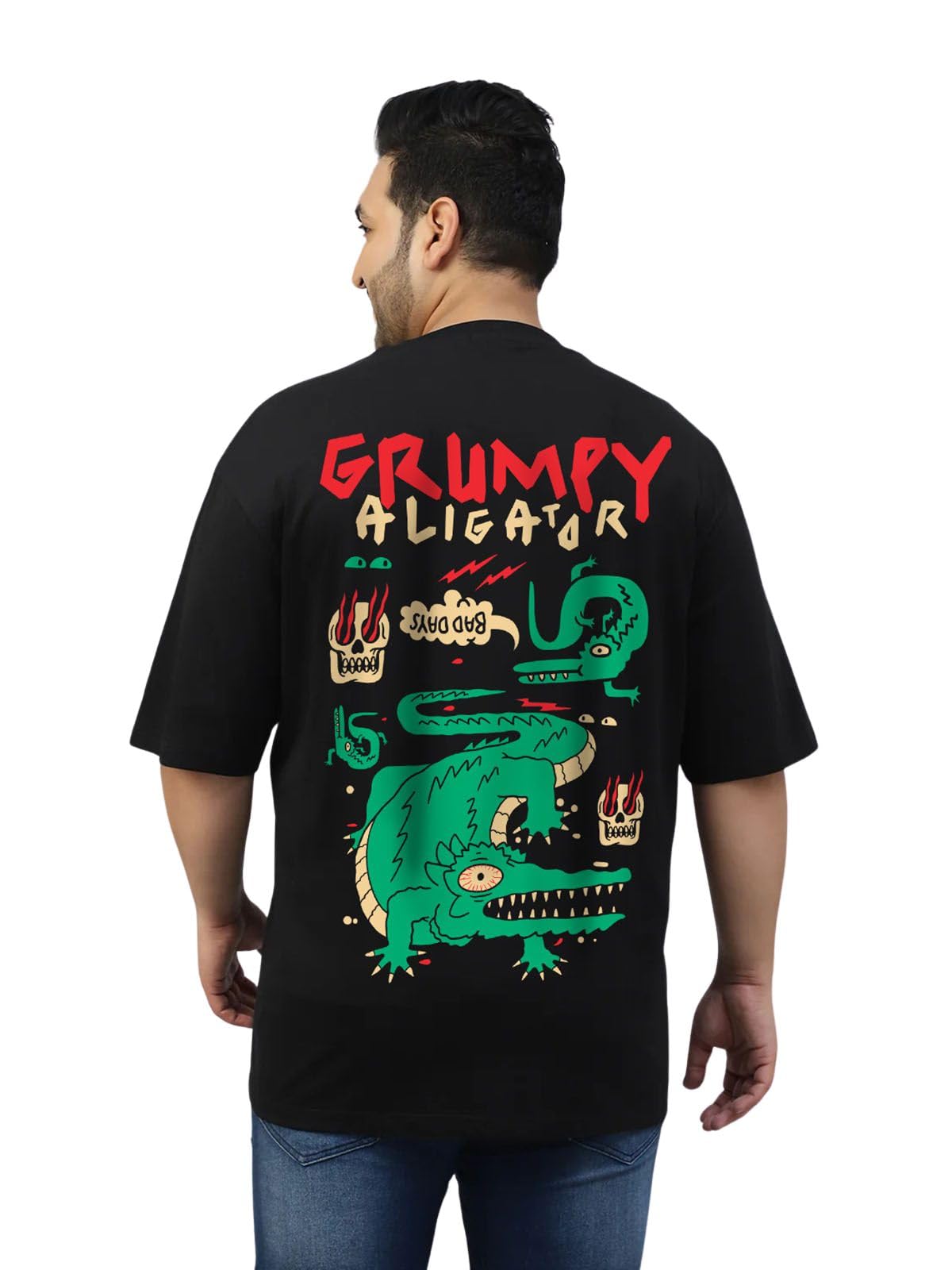 veirdo Pure Cotton Oversized Baggy Fit Drop Shoulder Cool Back Graphic Printed T-Shirt for Men (Colors: Swanwhite, Black, Brown & Green)-picture-18