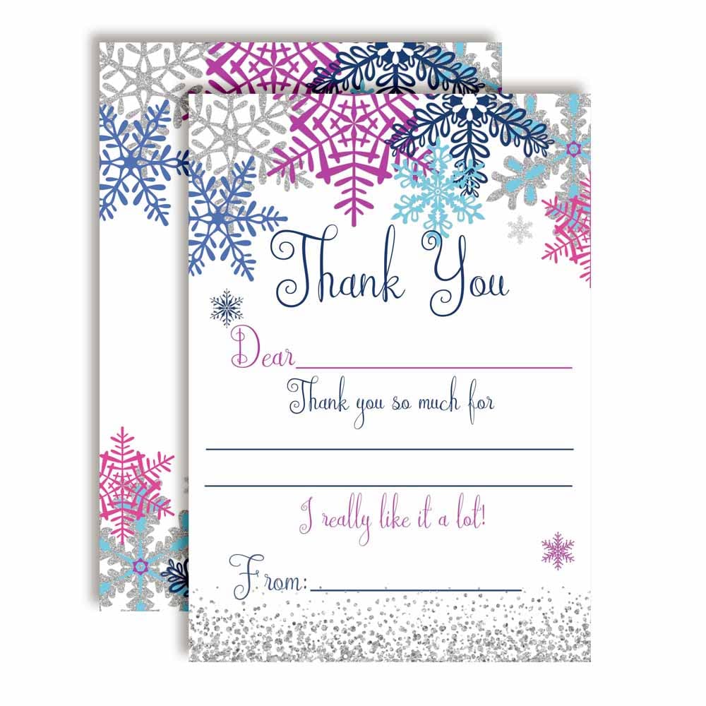Winter Snowflake Birthday Thank You Notes, Ten 4" x 5.5" Fill In The Blank Cards with 10 White Envelopes by AmandaCreation