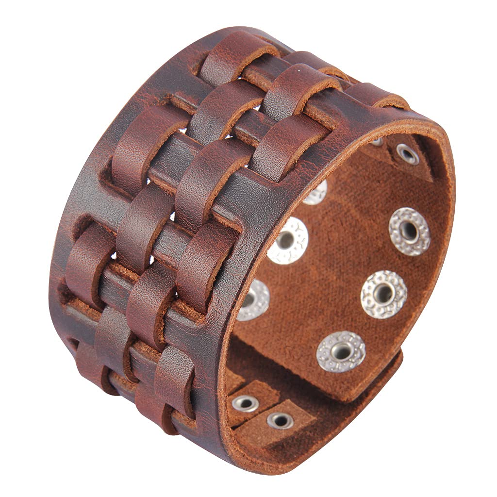 Jeilwiy Punk Leather Wristbands for Men Bracelets Handmade Wide Cuff Bangle Braided Jewelry Black Brown Adjustable - Punk Father's Gifts