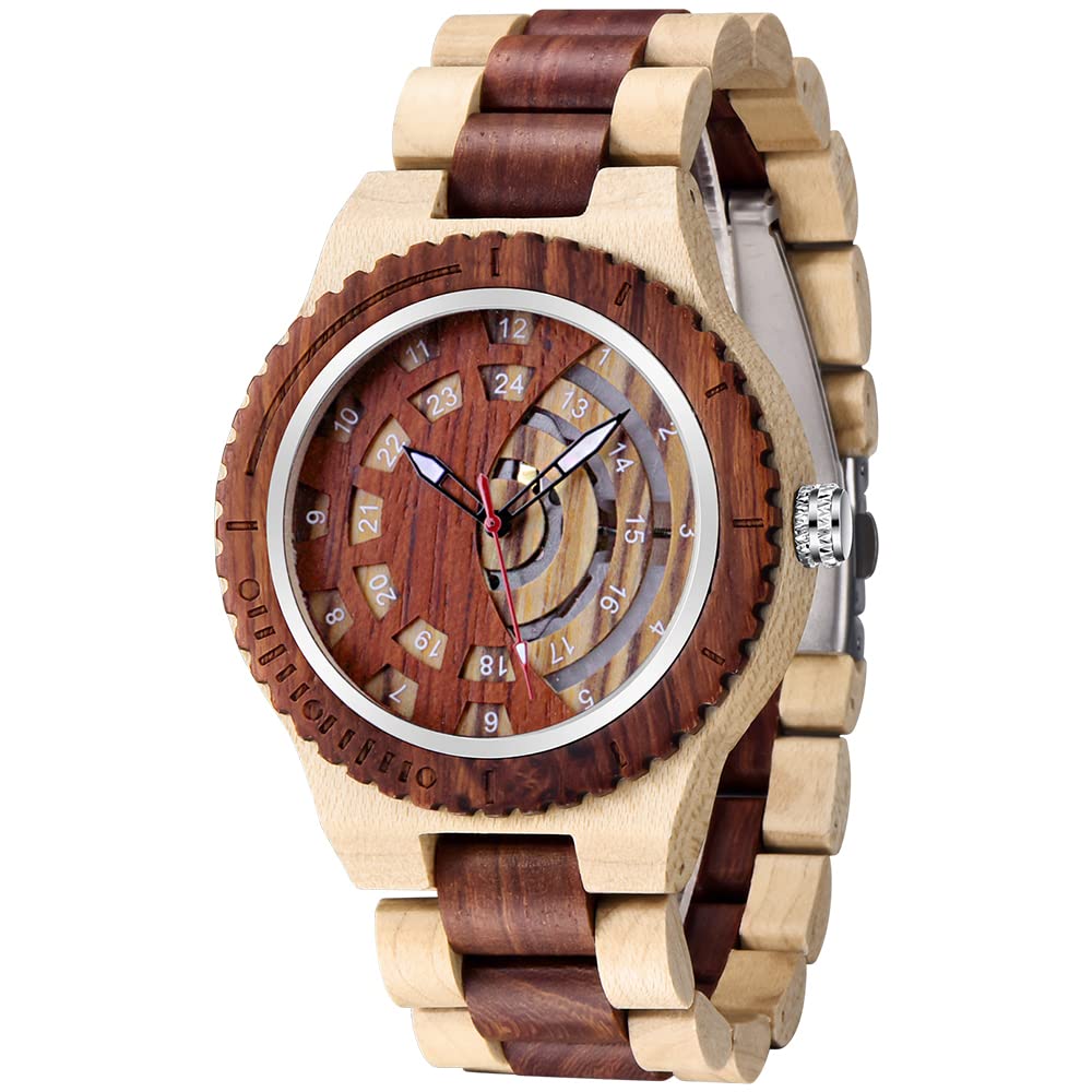 Natural Wood Quartz Wood Watch Mens Wooden Watches, Three Half Circle Design Dial Hollow Wooden Watches for Men-red White, WD1095-red white (B0B9N2C245) Amazon Price History, Amazon Price Tracker