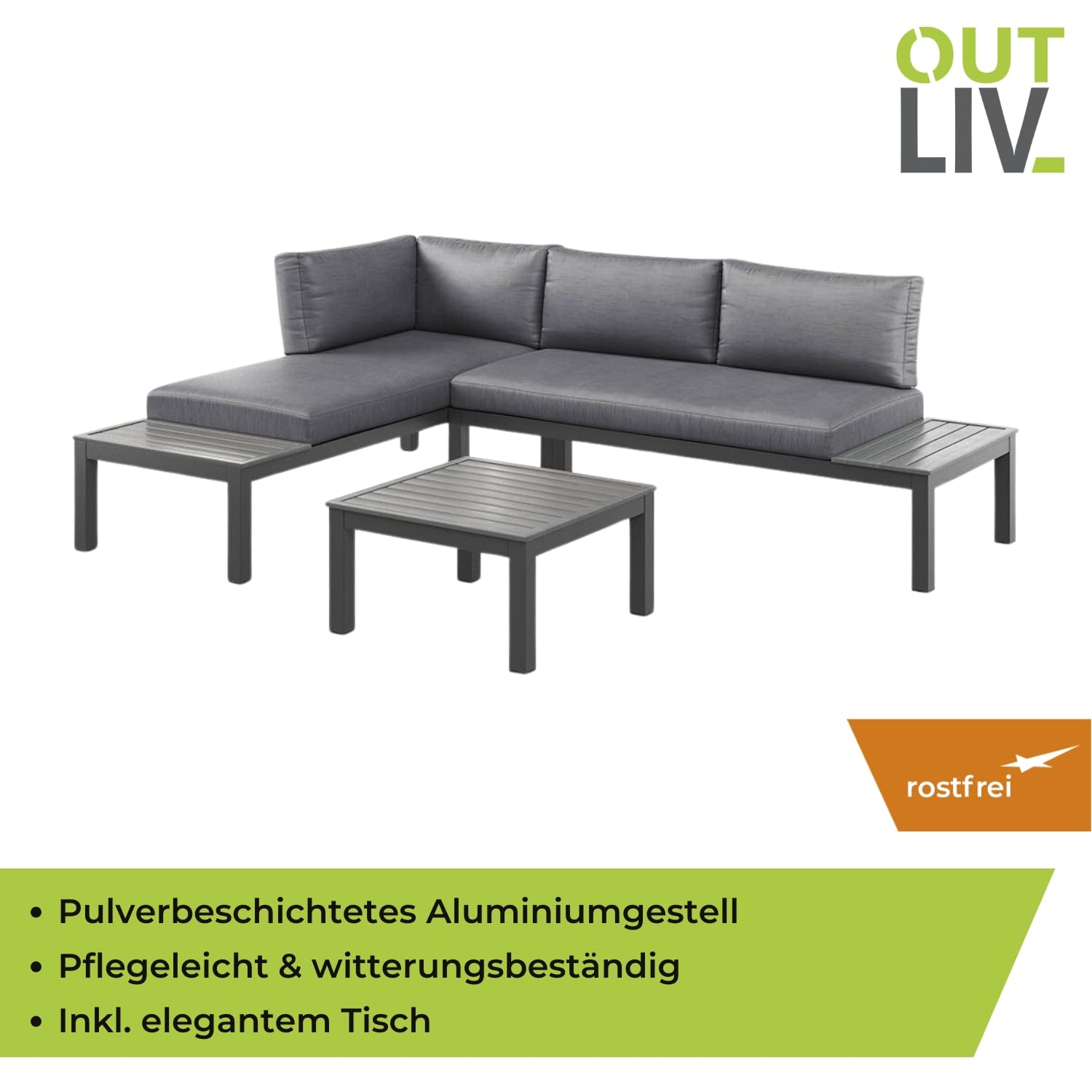 OUTLIV. Gartenlounge Morsum Gartenmöbel-Set, 164x238x69cm, mit Kissen, Grau | Aluminium und Polyester; mit Kissen; 164x238x69cm; Grau; komfortabel, pflegeleicht; für Garten und Terrasse