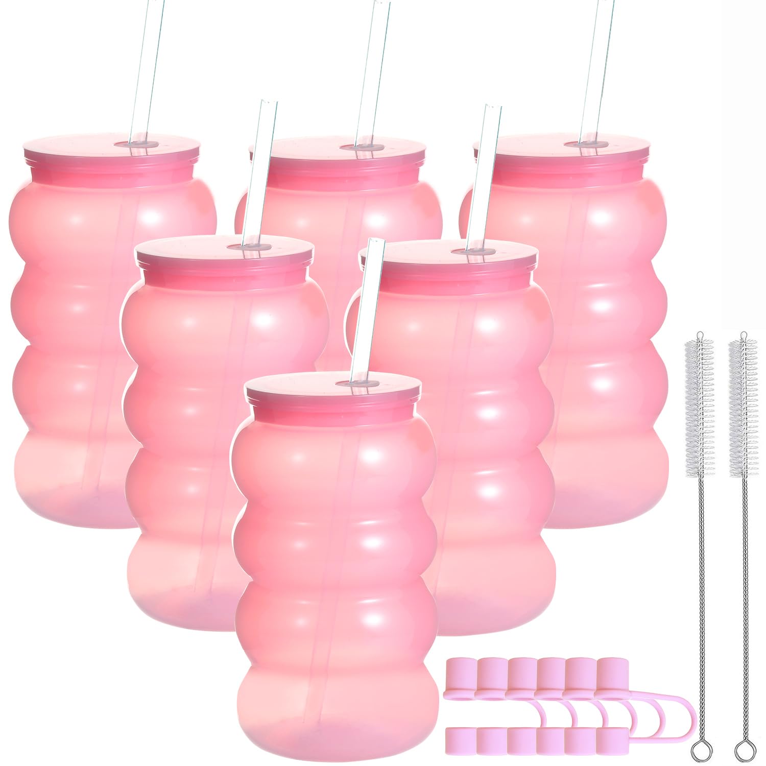 Alohastarttg 6 Pack 16oz Plastic Tumblers with Lids and Straws, Perfect for Iced Coffee, Mason Jar Style Reusable Cups, for Beach and Everyday Use (6, Pink)