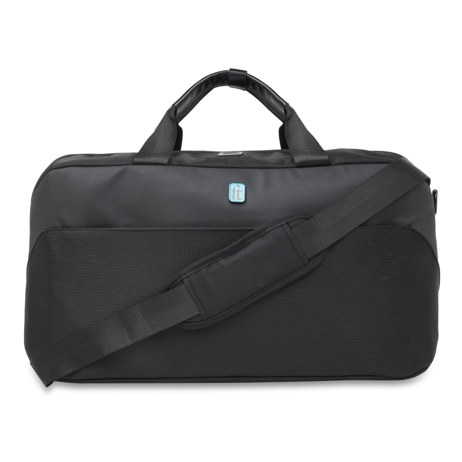 ft Elite Black Duffle Bag for Travel with Vegan Leather Trimmings Recessed USB Port Eco Responsible Light Weight with Padded Laptop Section, Mesh Pocket Inside Fashion Duffle Bag for Men and Women-image-1
