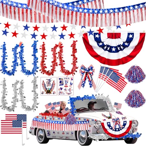MOVINPE 4th of July Car Parade Decorations Patriotic Golf Cart Decor 2 x 4 American Flags Bunting Wreath Bow Fringe Garland Tinsel Banner Star Streamers Stickers for Independence Day Memorial Day