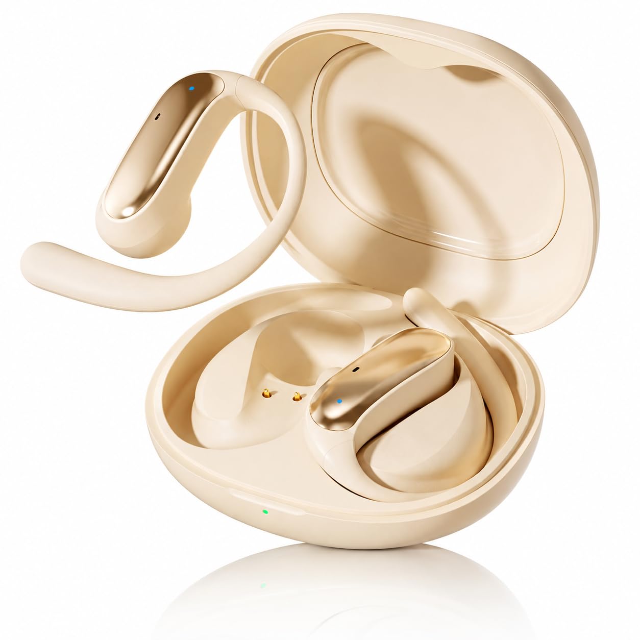 d300 ows open ear wireless earbuds with bt v6.0, enc mic for calling, 50hr playtime with type c fast charging, low latency gaming, ideal for running, cycling and gym, dust & waterproof. beige