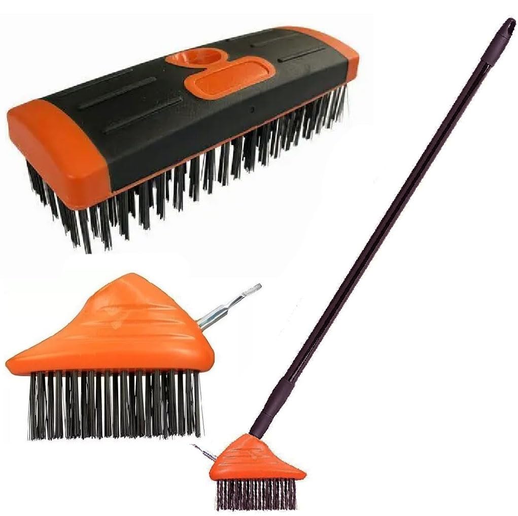 Faboer Orange 3 In 1 Telescopic Weed Remover Brush Wire Head Paving Decking Clean Scrub Moss Weed Remover Tool Wire Brush Scraper Set With Metal Broom & Weed Removal Head (Orange)