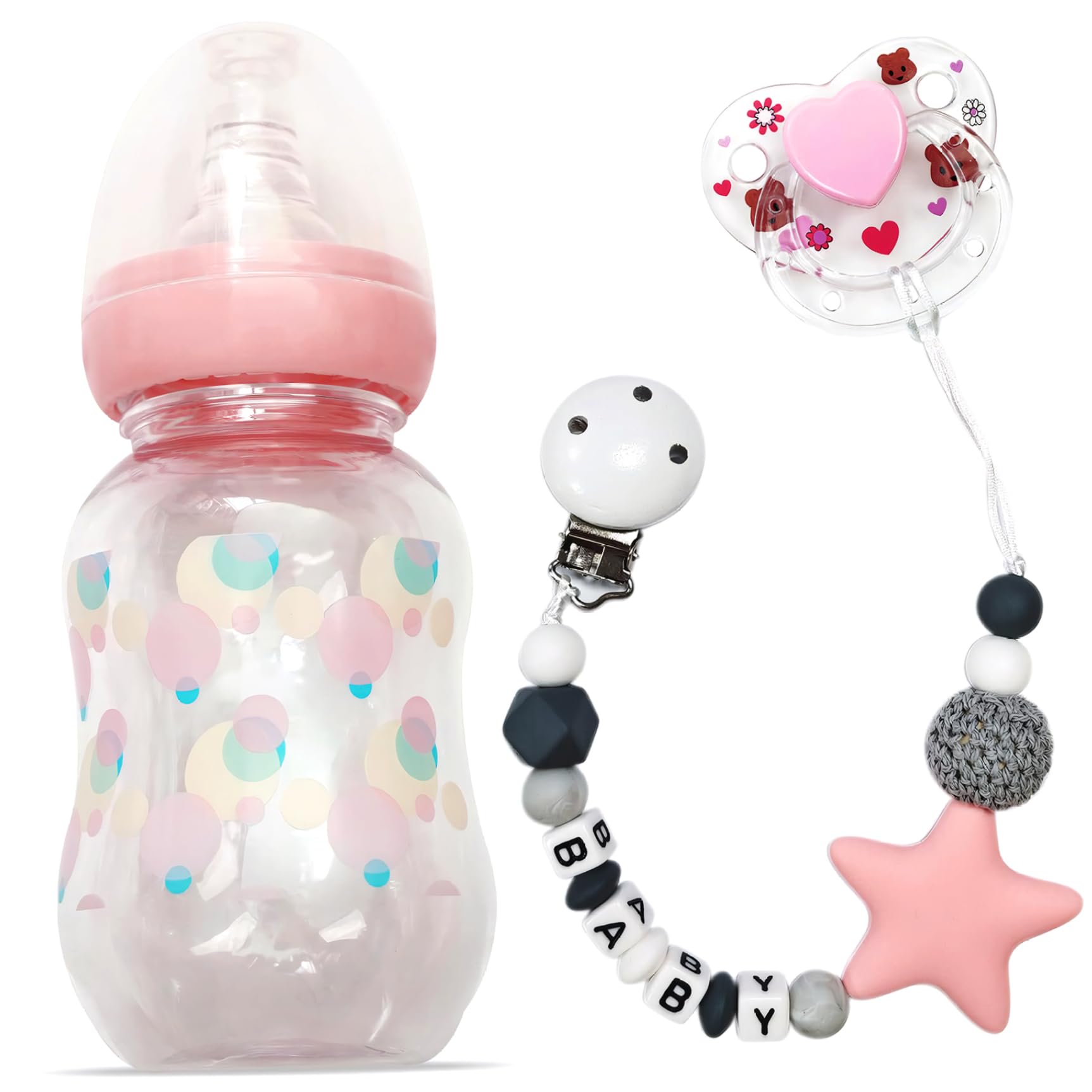 NASSMOSSE 3Pcs Baby Doll Accessories Set, Includes Baby Doll Bottles, Magnetic Baby Doll Pacifier and Pacifier Chain Toy Set Doll Feeding Set for Baby Doll Accessories