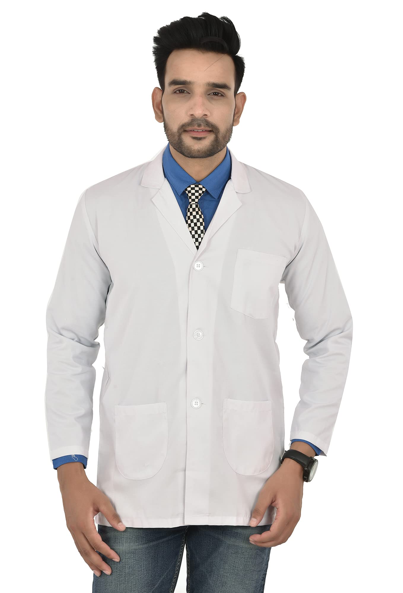 CraftinoMen's Lab Coat | Poly Viscose Full Sleeves Short Medical Apron | 3 Pockets | Uniform for Doctors