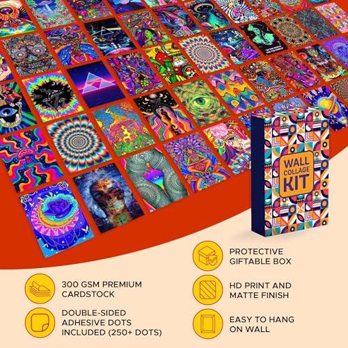 Image of CodersParadise Psychedelic Wall Collage Kit - Pack of 54 Aesthetic 4x6 Inch Posters for Bedroom, Dorm & Living Room Decor | Vibrant Trippy Psychedelic Cardstock Wall Art Prints with Glue Dots Included