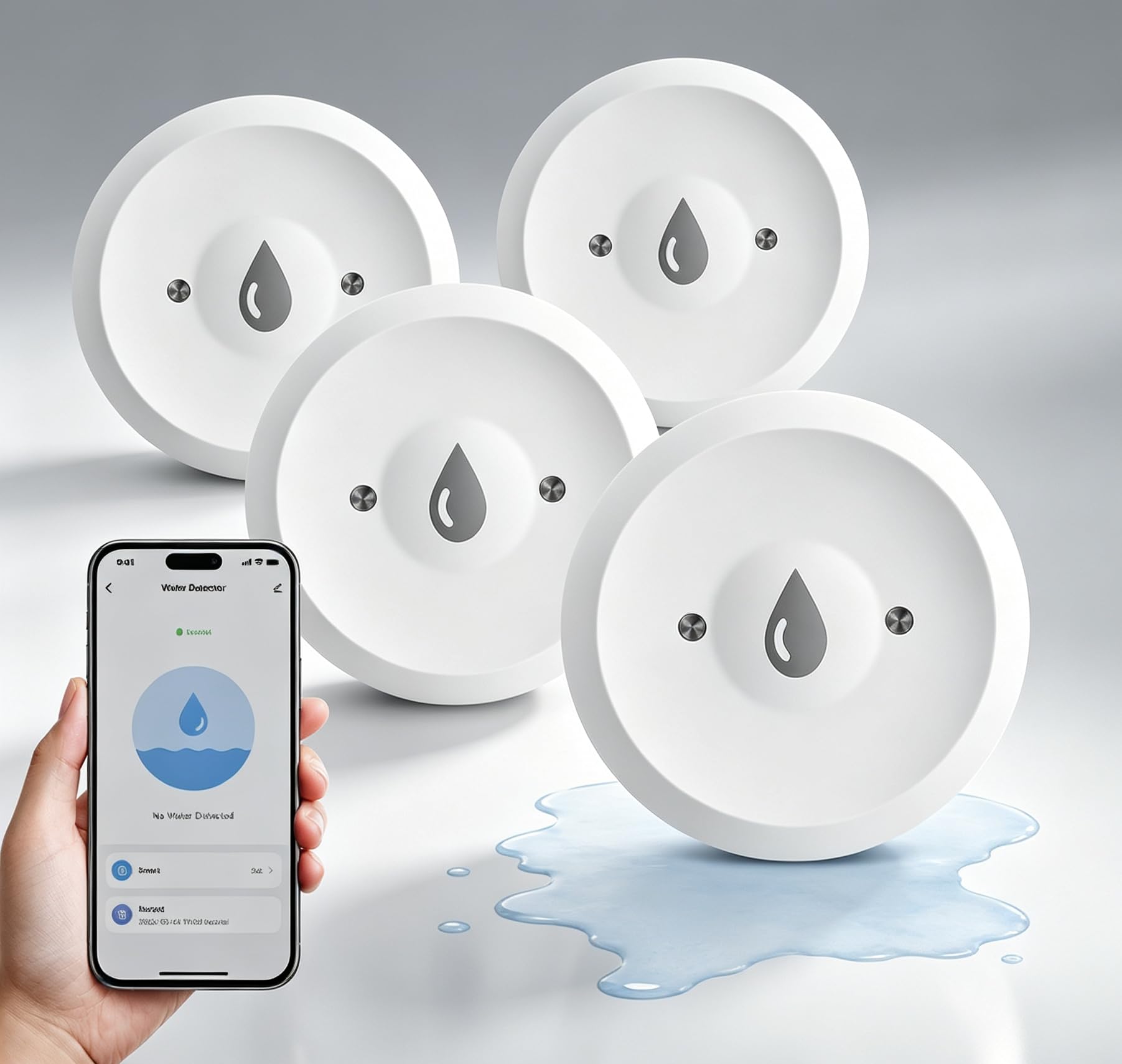 Lot de 4 détecteurs de fuites d'eau avec notification d'application, capteur intelligent Wi-Fi 2,4 G, étanchéité IP67, alimenté par piles, alerte de gel, pour cuisine, salle de bain, cave, compatible