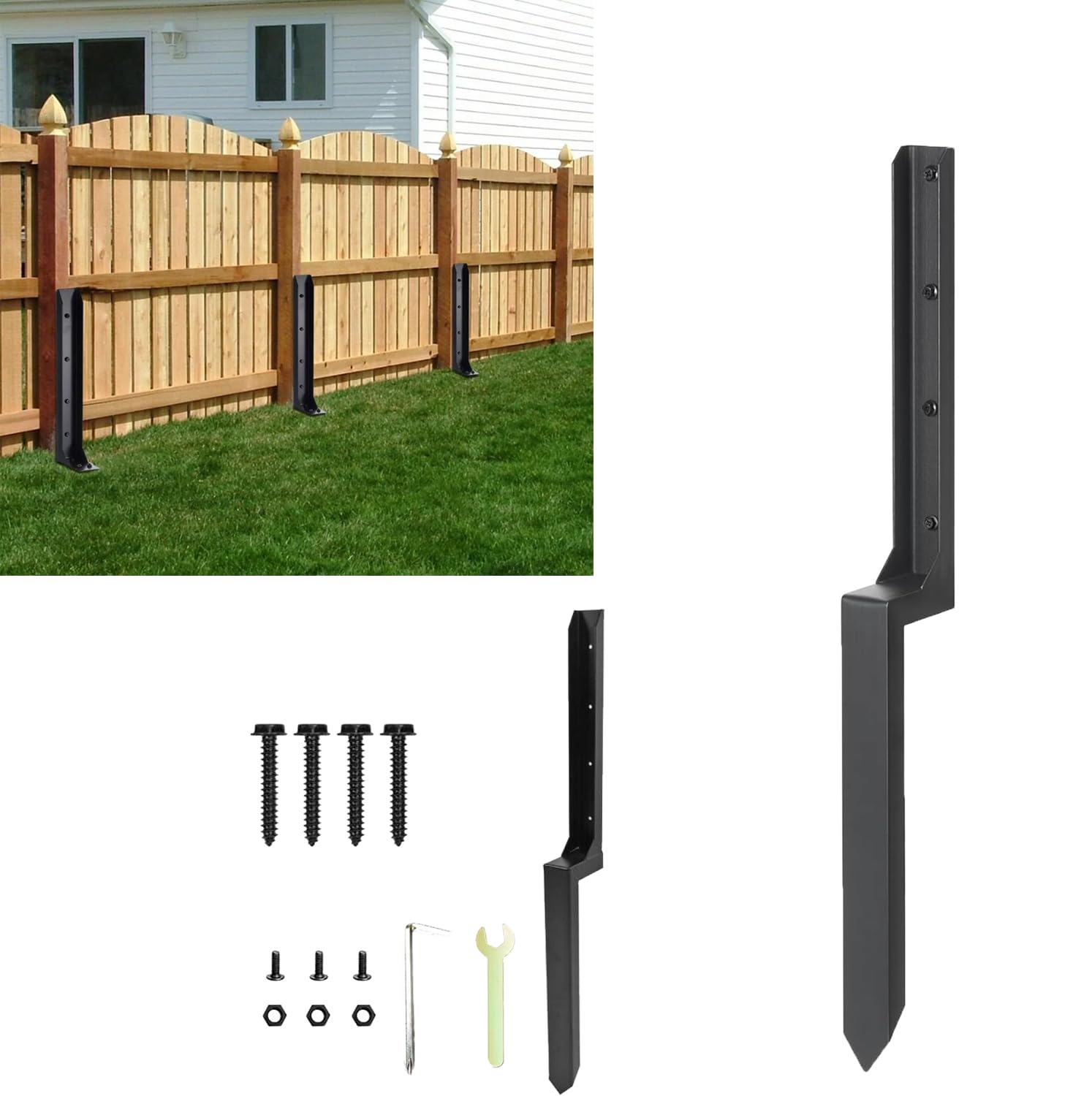 Motowolf Fence Post Repair Kit, Heavy Duty Fence Post Anchor Ground Stakes Fence Post Anchor For Repairing Tilted Broken Wood Support, Black