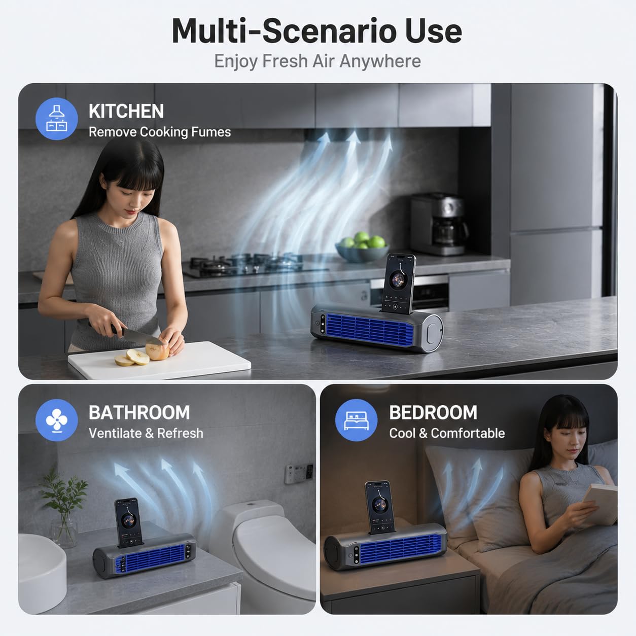Ventilatore a Torre Portatile Senza Pale, circolatore d'Aria Ricaricabile Wireless con Tecnologia a Flusso Incrociato, Ventilatore Personale Silenzioso a 3 velocità per scrivania/Parete/Piano,Nero