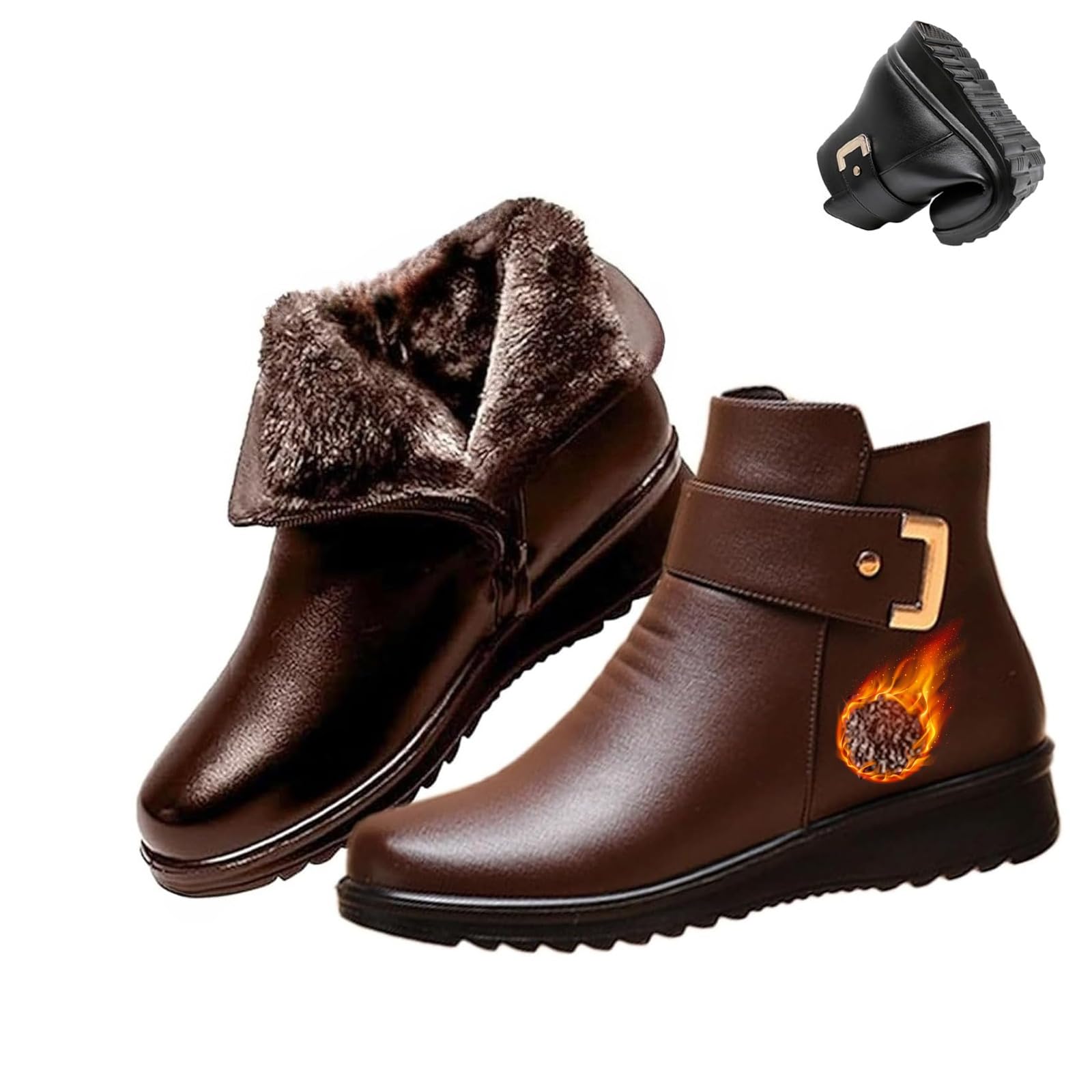 Womens Metal Buckle Genuine Leather Wool Orthopedic Boots Winter Warm Non-Slip Plush Lined Side Zipper Leather Boots