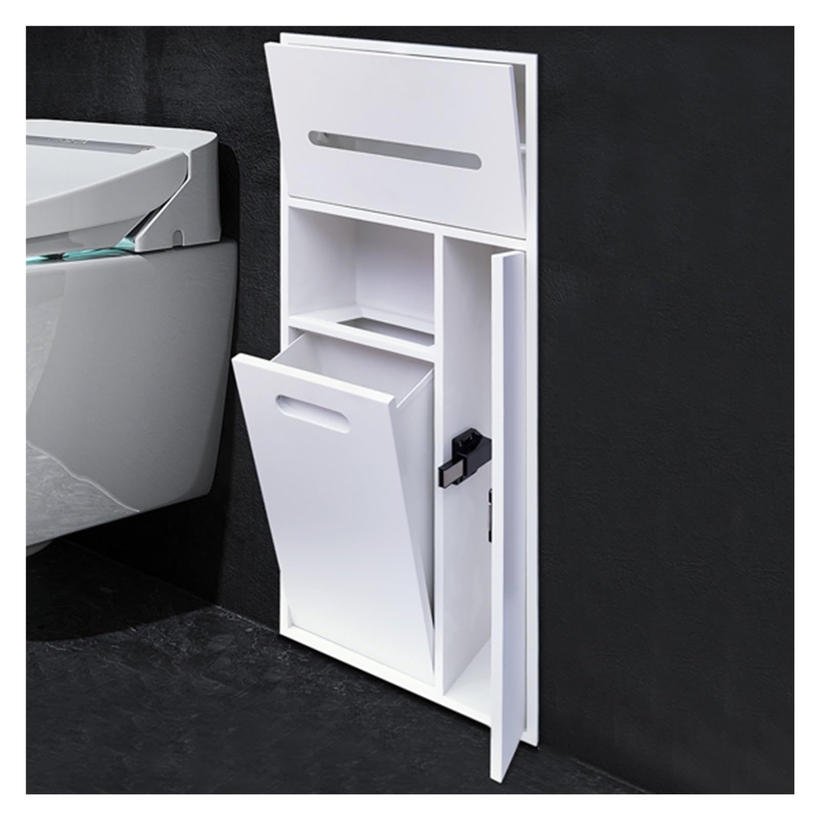 Pattumiera da bagno in acciaio 304 con porta carta igienica nascosta e portascopino, salvaspazio, per cucina, ufficio e camera da letto, colore bianco, 30 x 65 x 14 cm