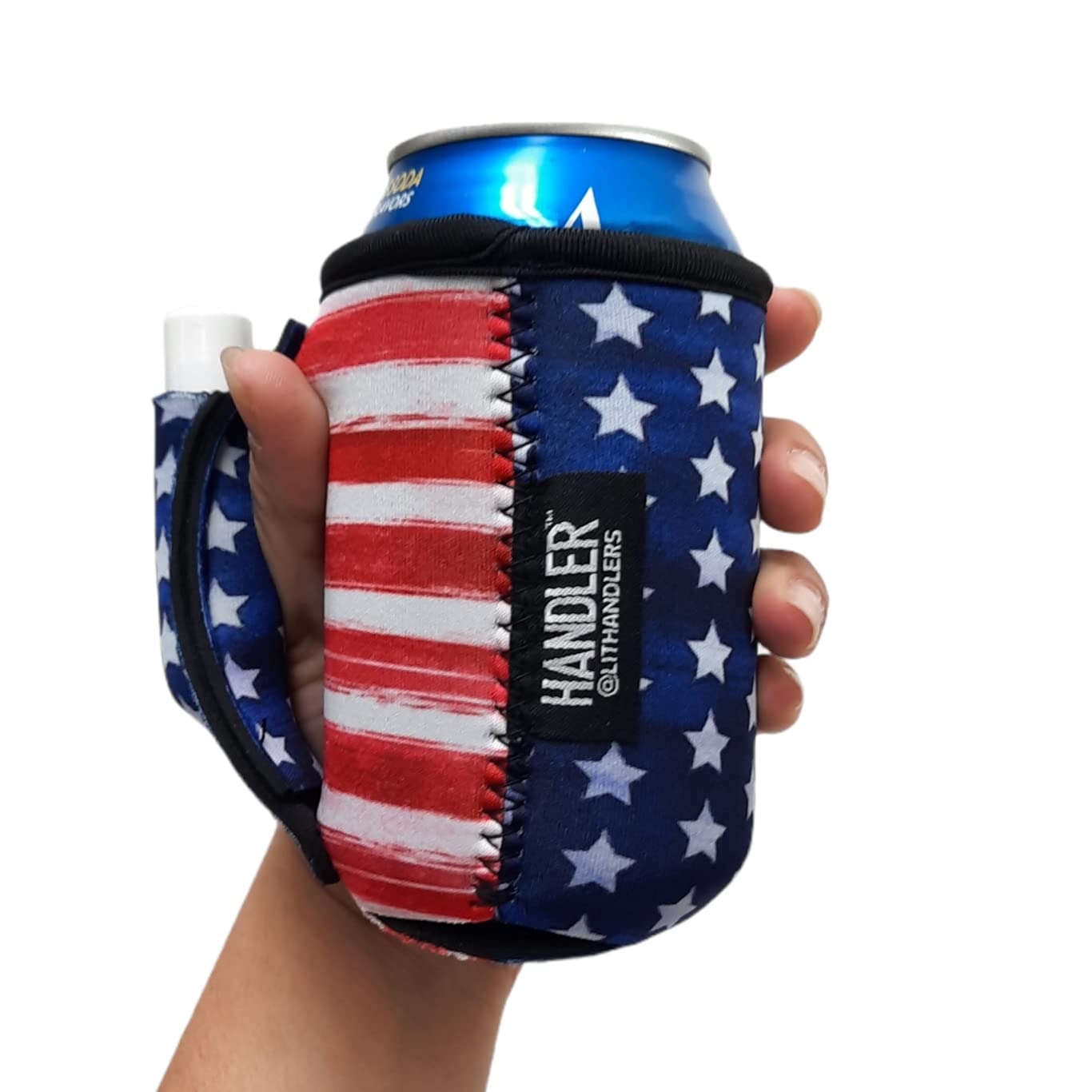 Lit Handlers Soda Can Handle - 12oz Can Cooler Sleeves Neoprene Material for Beer, Soda & Other Drinks - Reusable Beverage Holder w/Handle & Pocket (Merica)