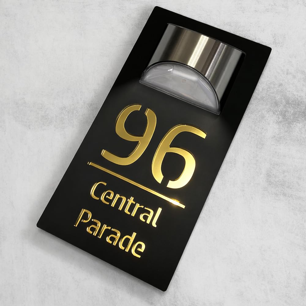 House Numbers Plaques With Solar Light House Numbers Door Signs Personalised Door Number For Wall Name Outside (Black and Mirror Gold)