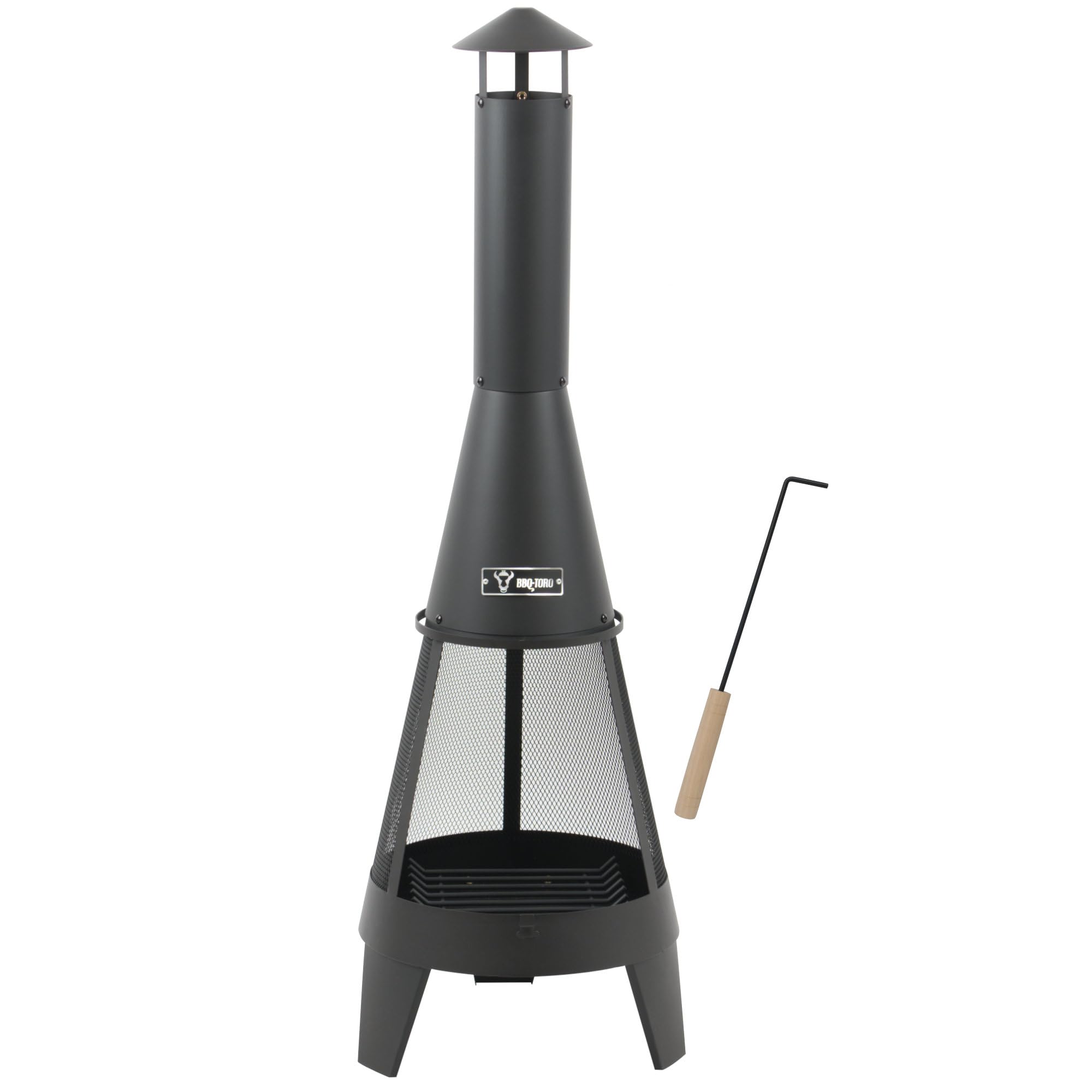 BBQ-Toro Terrassenofen mit Funkenschutz, Feuerrost und Schürhaken | 35,5 x 35 x 112 cm | Stahl Gartenkamin, Outdoor Gartenofen, Feuerkorb | Holzofen Wärmequelle, Feuerstelle mit 3 Standfüßen